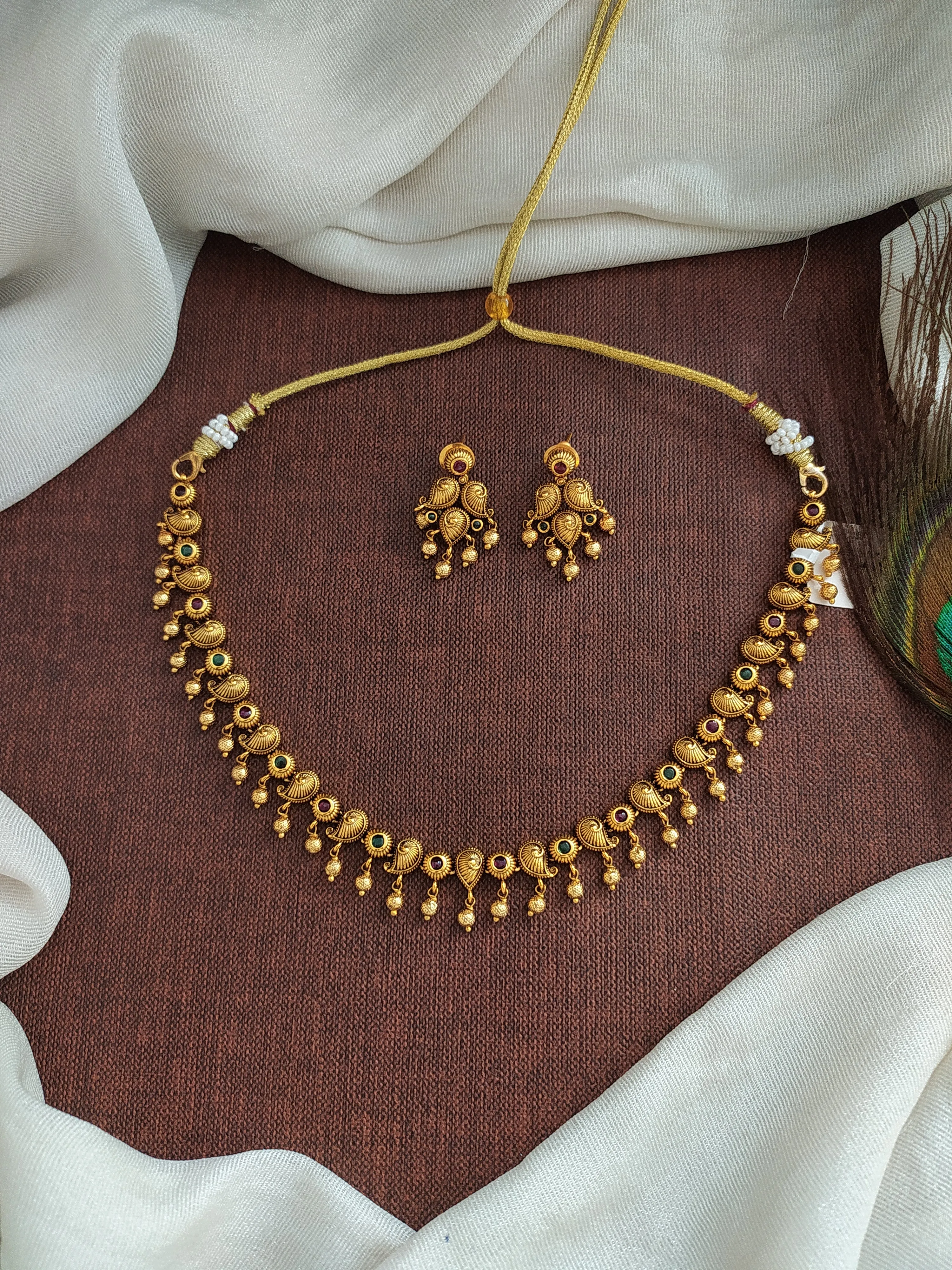 Antique Mango-Designed Kemp and Green Stone Necklace Set with Gold Ball Drops