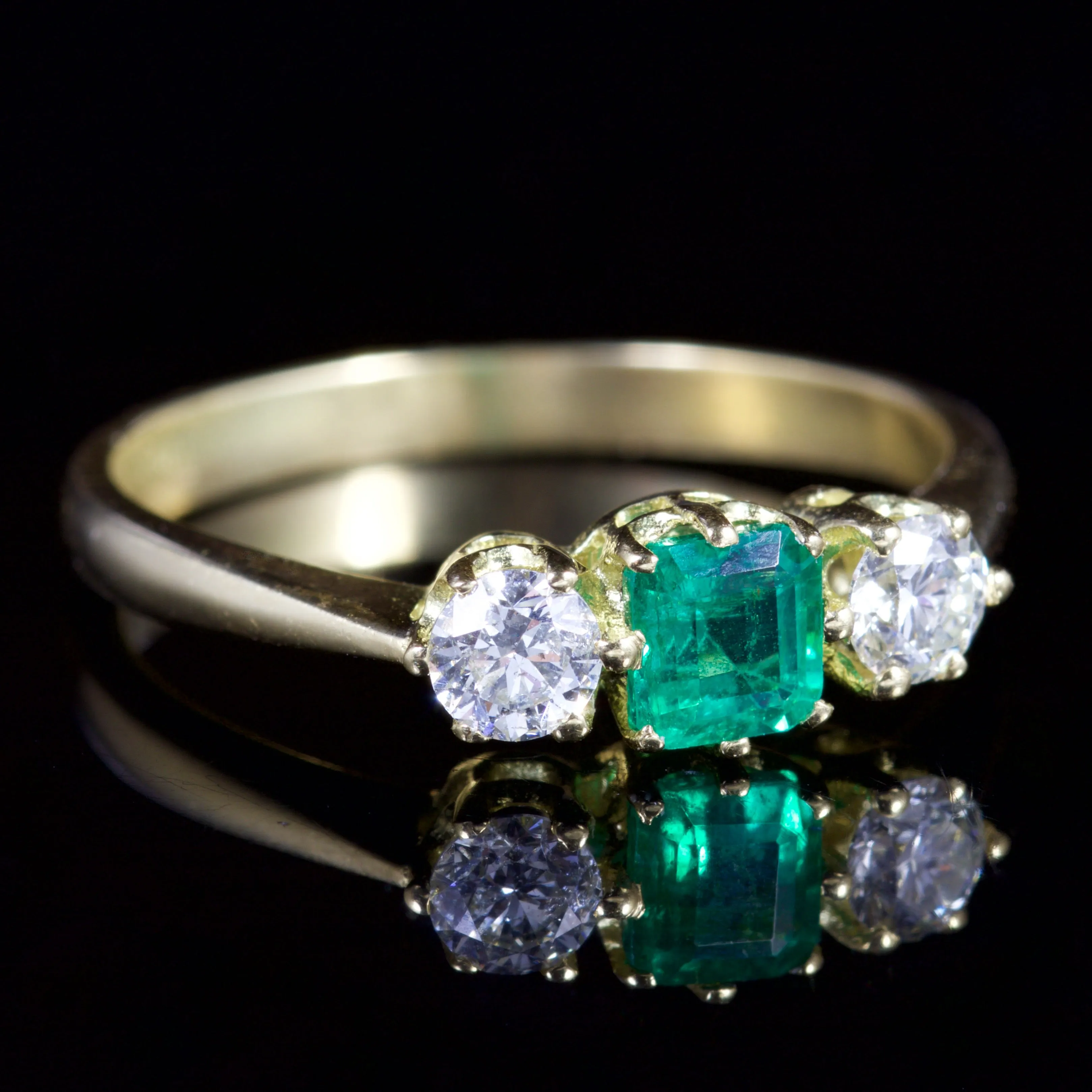 Antique Victorian Emerald Diamond Trilogy Ring 18Ct Gold Circa 1900