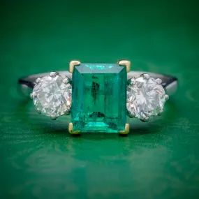 Art Deco Colombian Emerald Diamond Trilogy Ring Platinum 18ct Gold 2.55ct Emerald With Cert