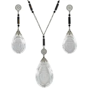 Art Deco Egyptian Revival Rock Crystal, Onyx   Diamond Necklace and Earring Set