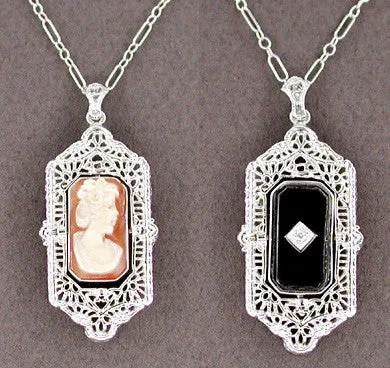 Art Deco Filigree Cameo Onyx & Diamond Flip Pendant - 14 Karat White Gold