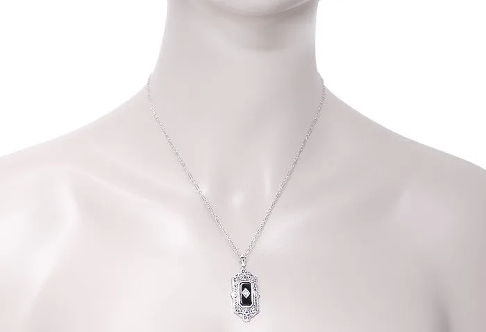 Art Deco Filigree Flip Pendant Necklace in Sterling Silver with Lady Cameo Onyx and Diamonds