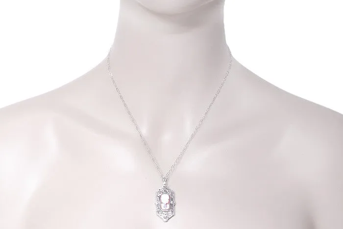 Art Deco Filigree Flip Pendant Necklace in Sterling Silver with Lady Cameo Onyx and Diamonds