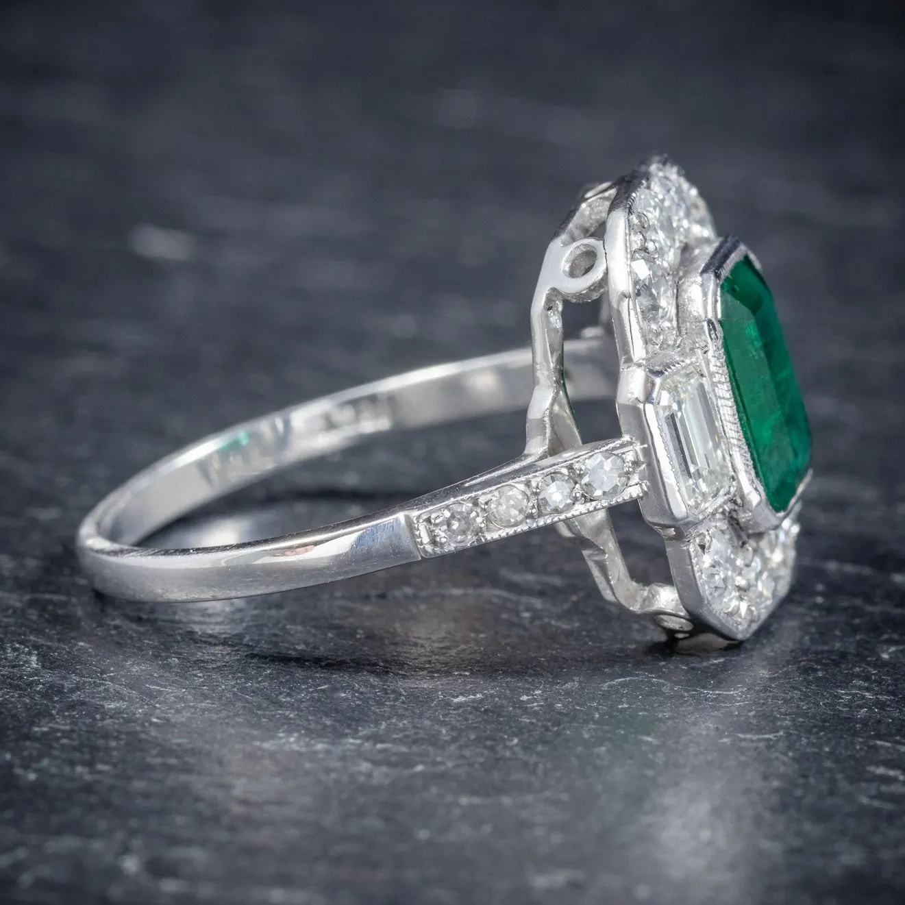 Art Deco Style Emerald Diamond Ring 18Ct White Gold 1.75Ct Emerald Cert