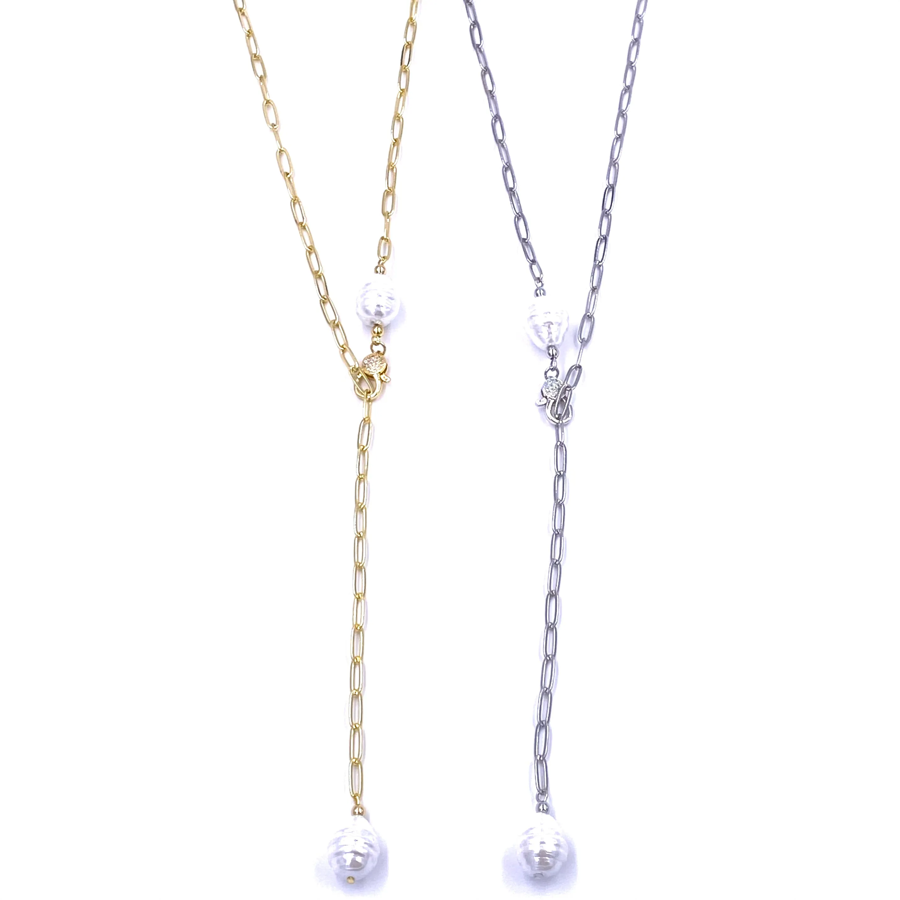 Ashley Gold Stainless Steel Pearl Link Lariat Necklace