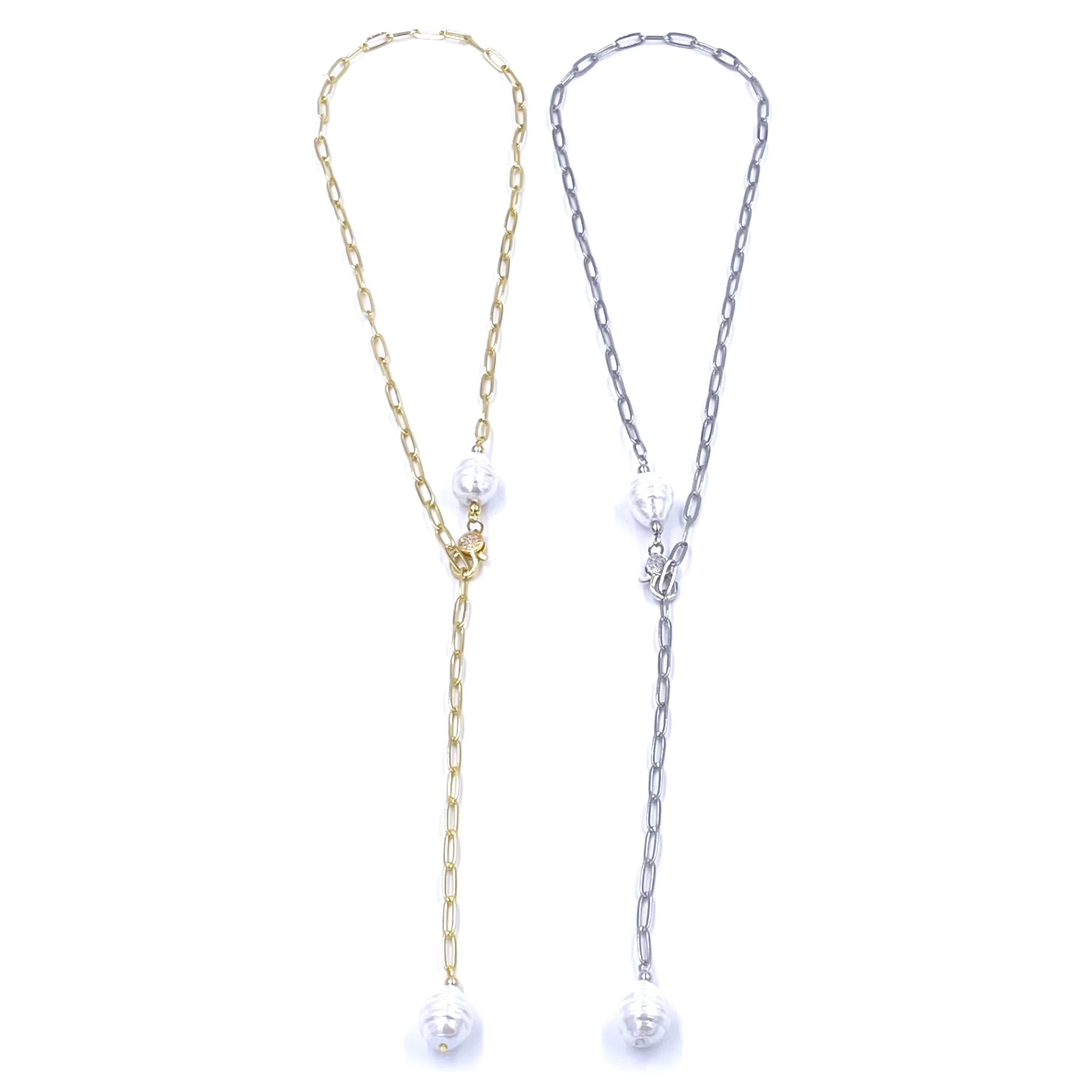 Ashley Gold Stainless Steel Pearl Link Lariat Necklace