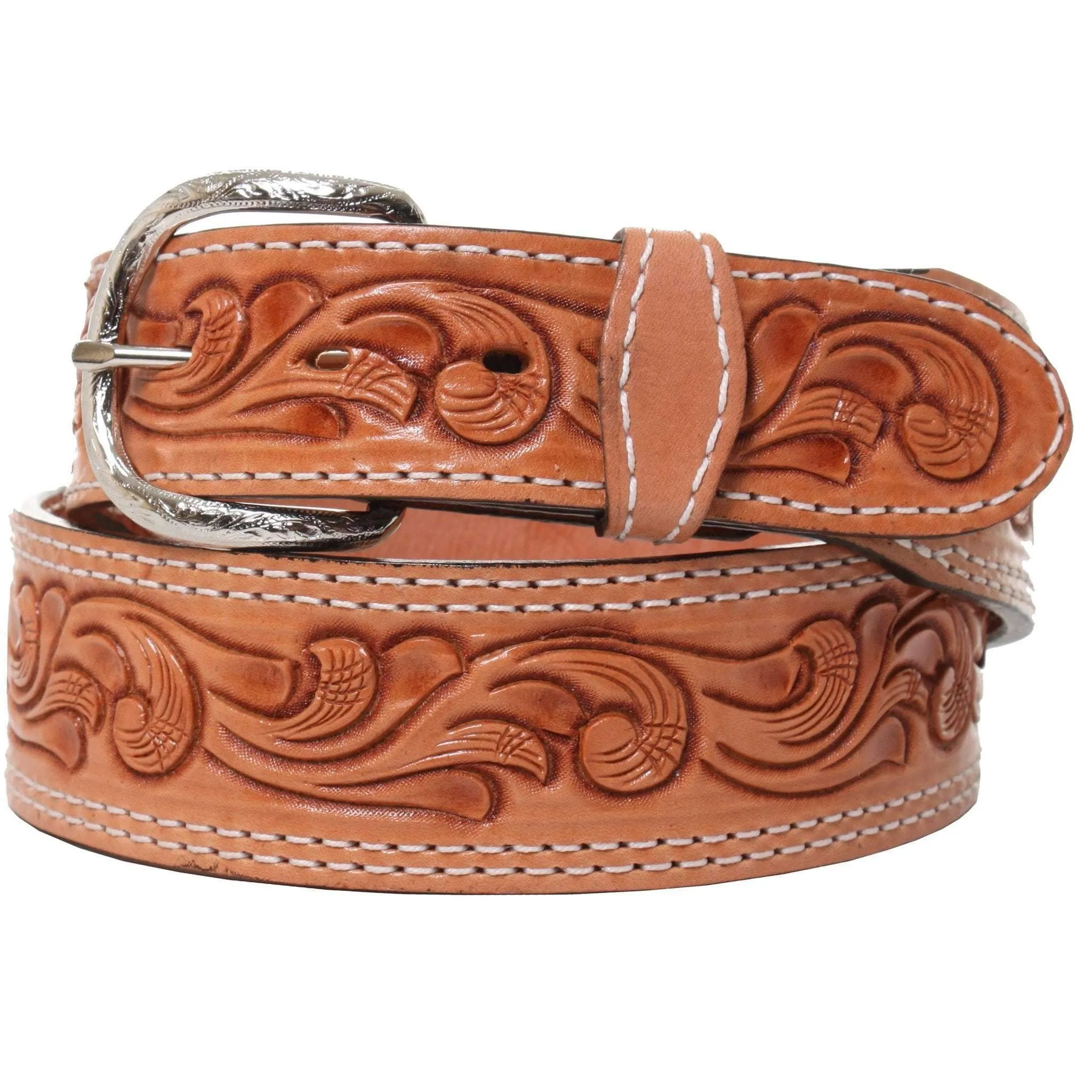 B854 - Natural Leather Tooled Belt