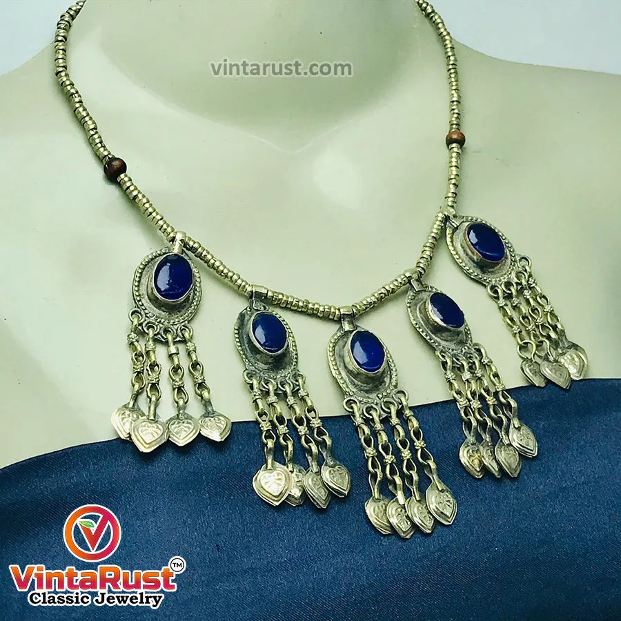 Beaded Chain Choker Necklace With Dangling Tassels and Blue Stone