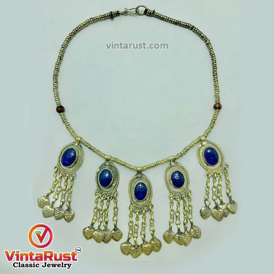 Beaded Chain Choker Necklace With Dangling Tassels and Blue Stone