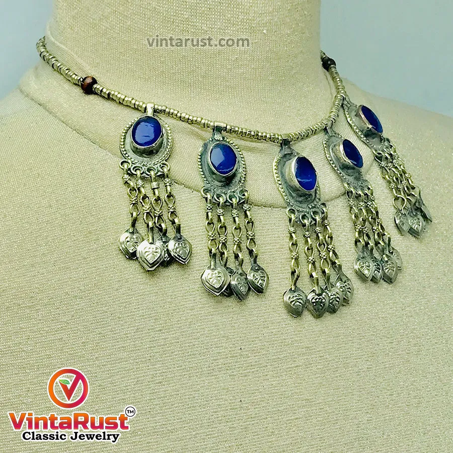 Beaded Chain Choker Necklace With Dangling Tassels and Blue Stone