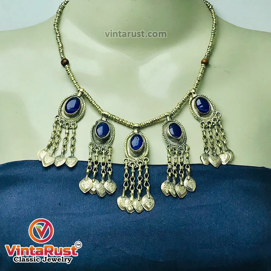 Beaded Chain Choker Necklace With Dangling Tassels and Blue Stone