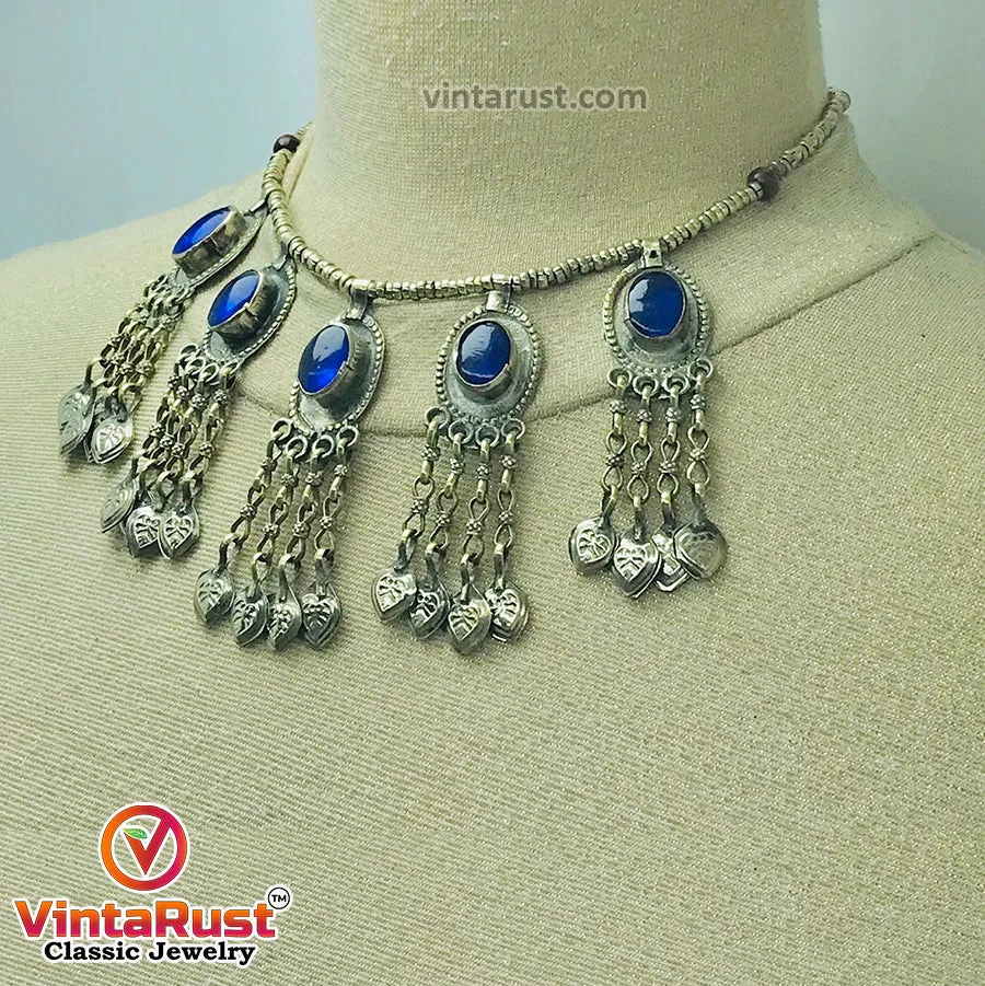 Beaded Chain Choker Necklace With Dangling Tassels and Blue Stone