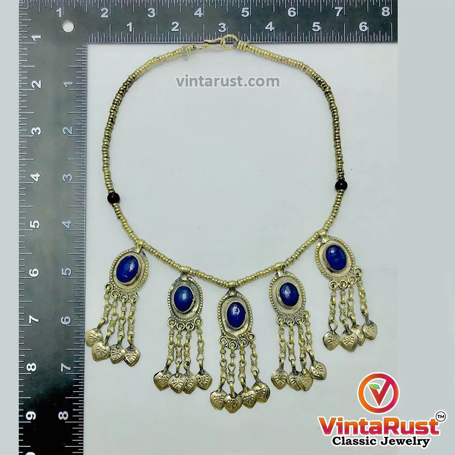 Beaded Chain Choker Necklace With Dangling Tassels and Blue Stone