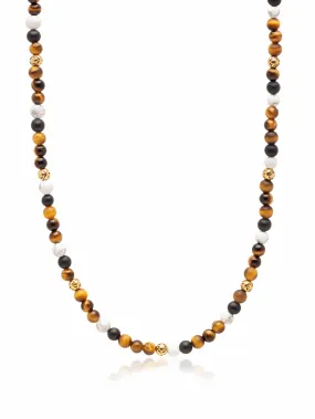 Beaded Necklace with Brown Tiger Eye, Howlite, and Onyx