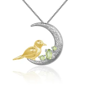 Bird on Crescent Moon Natural Gemstones Silver Necklace