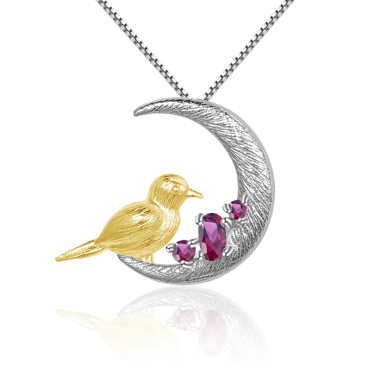 Bird on Crescent Moon Natural Gemstones Silver Necklace