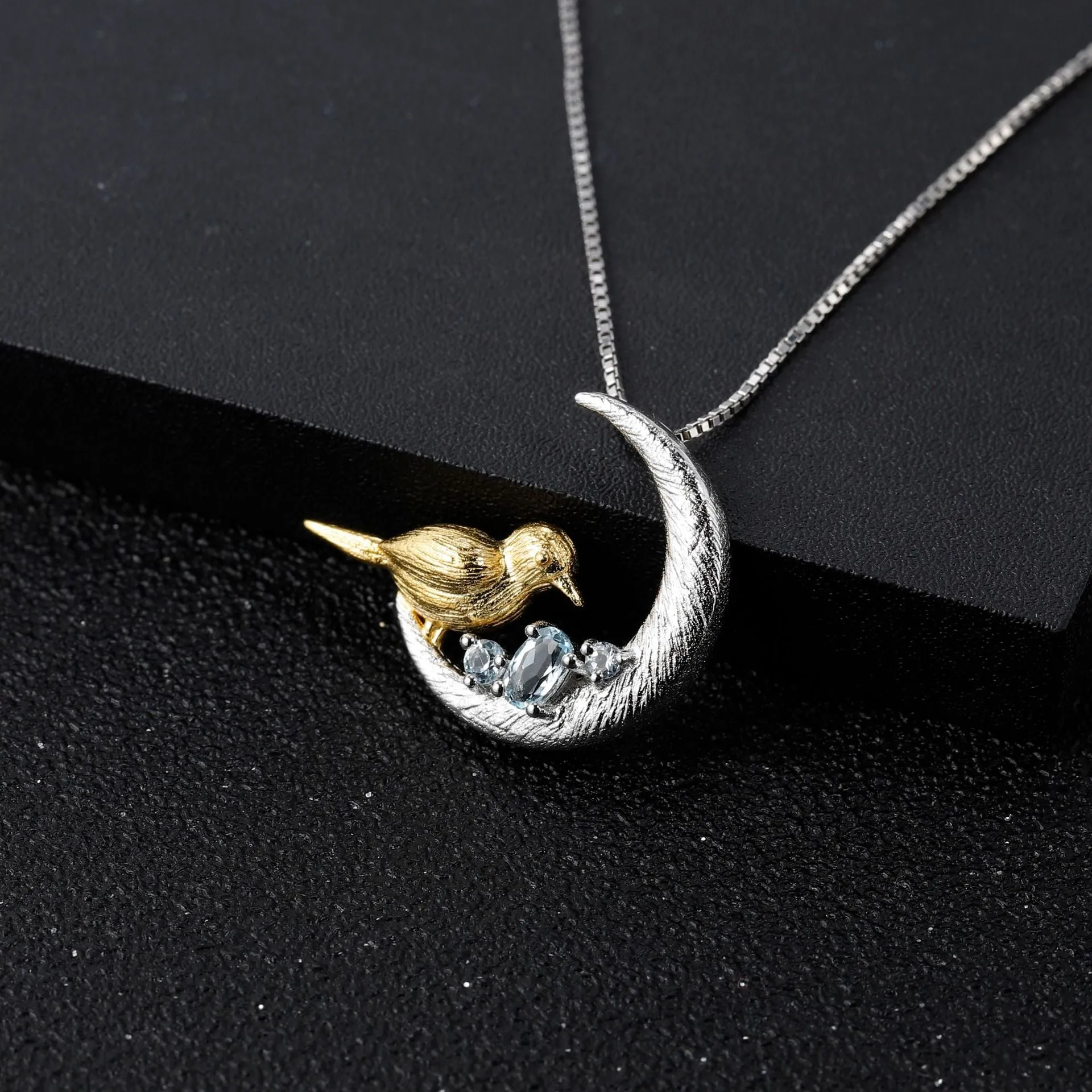 Bird on Crescent Moon Natural Gemstones Silver Necklace