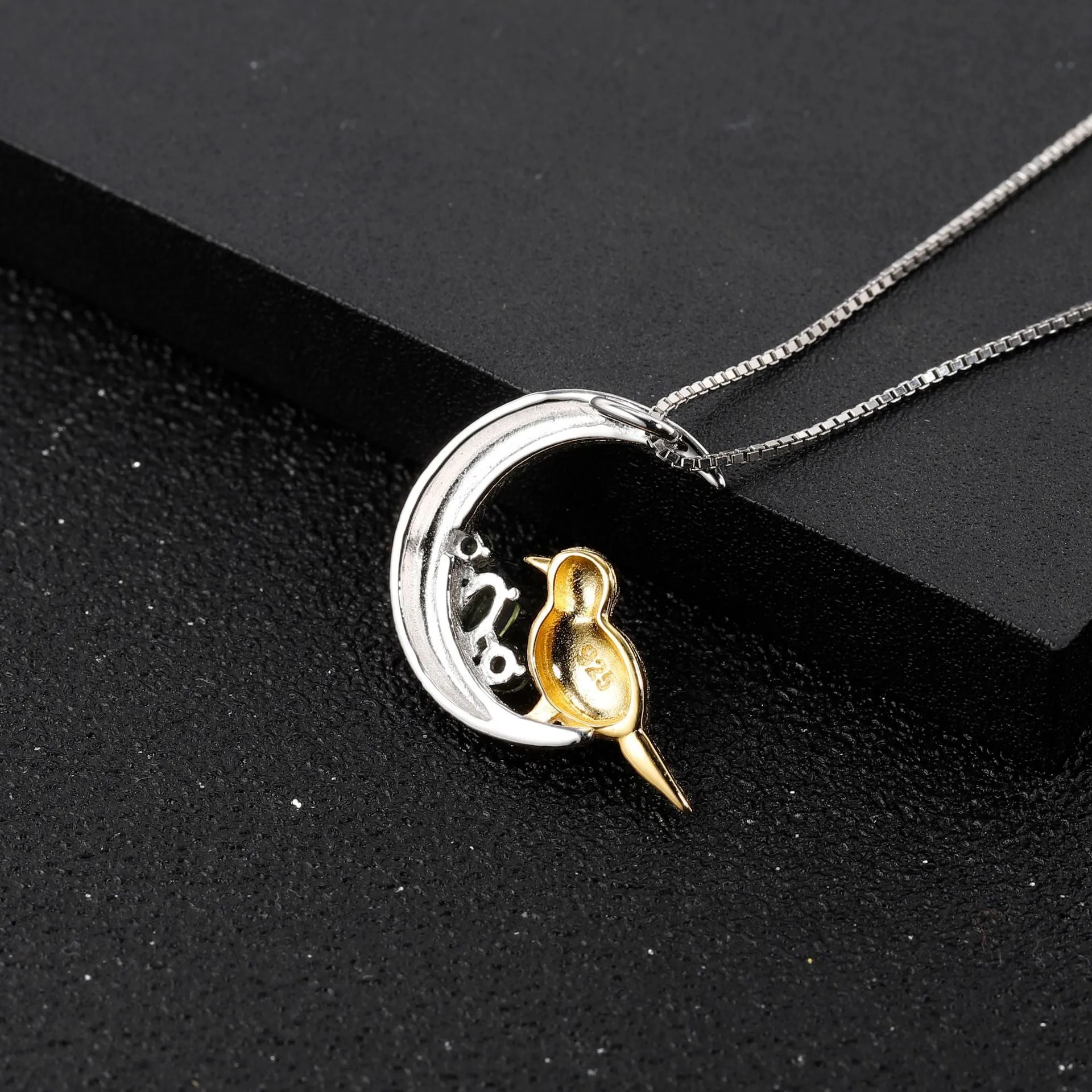 Bird on Crescent Moon Natural Gemstones Silver Necklace