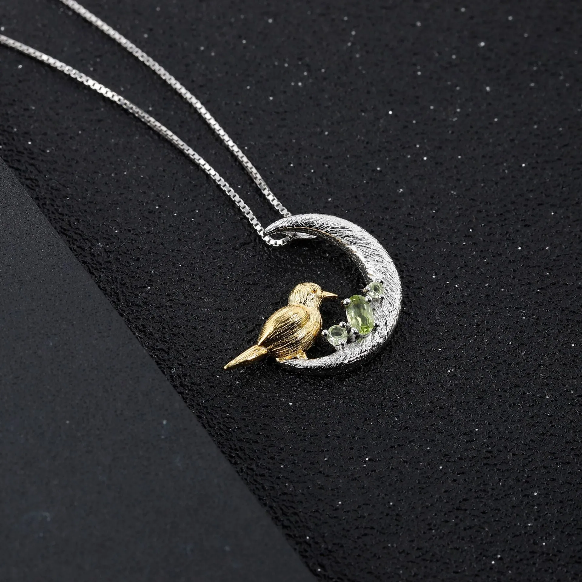 Bird on Crescent Moon Natural Gemstones Silver Necklace