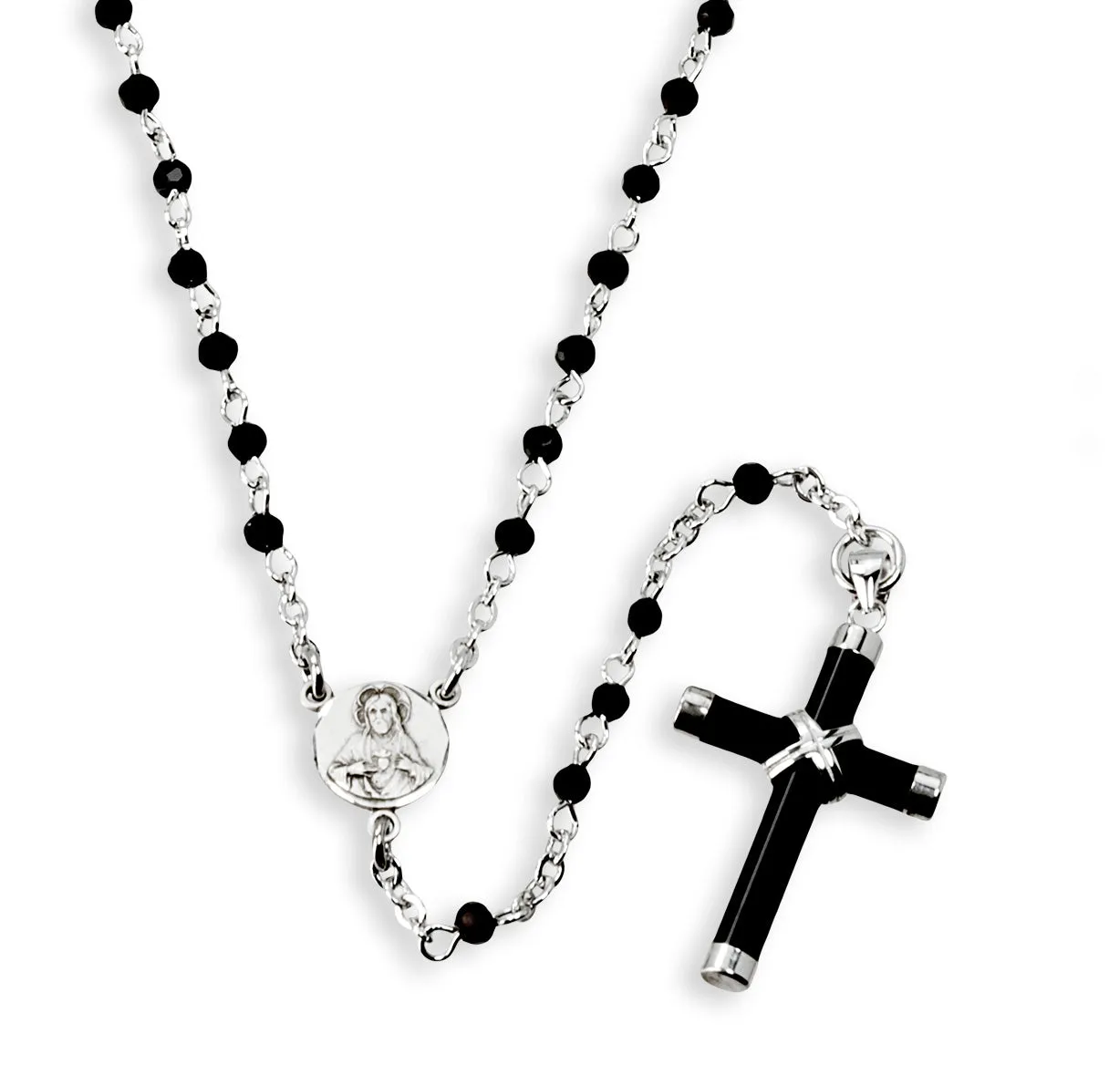 Black and Clear Crystal Bead Sterling Silver Rosary Necklace - SNR3200