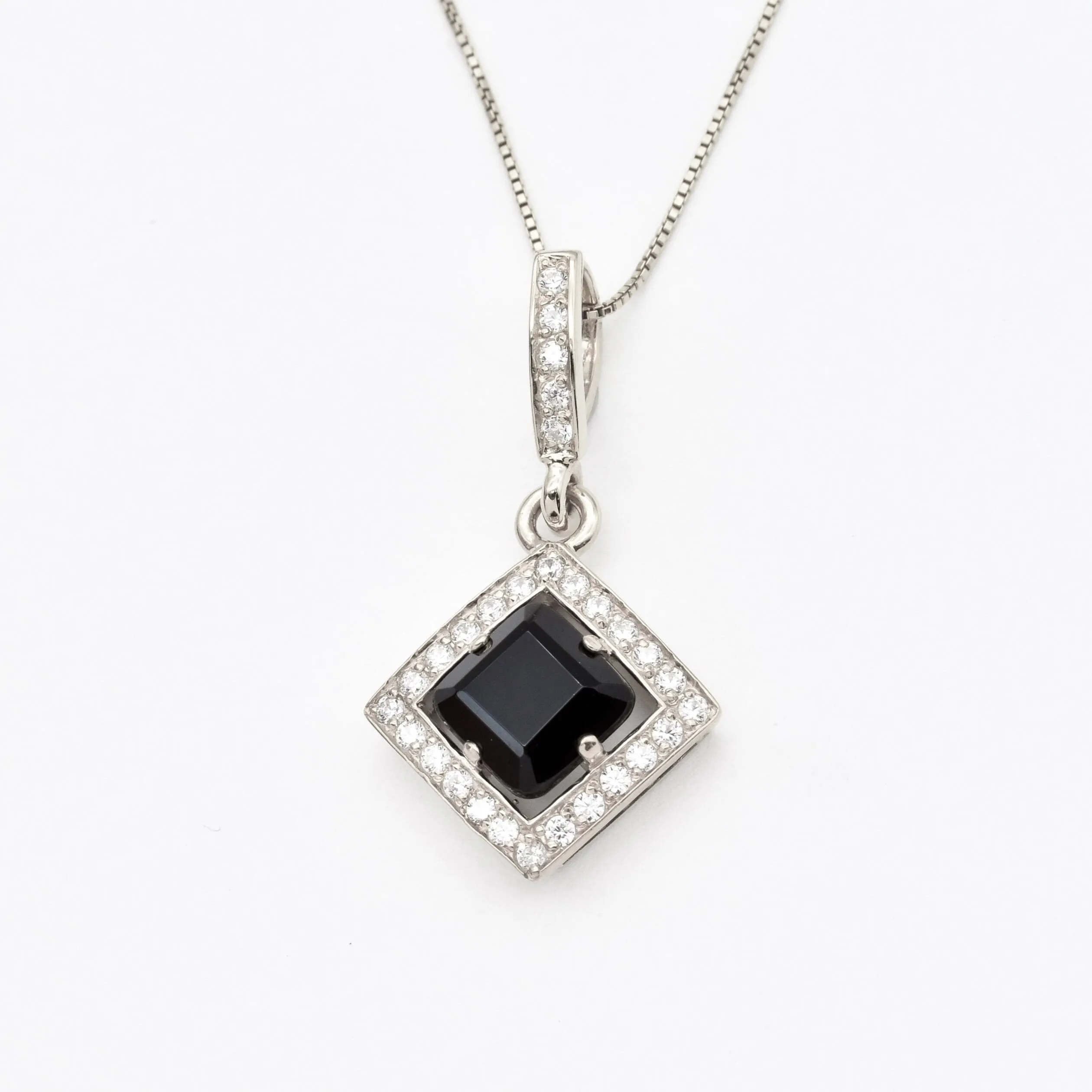 Black Onyx Necklace - Square Vintage Necklace - Real Onyx Pendant