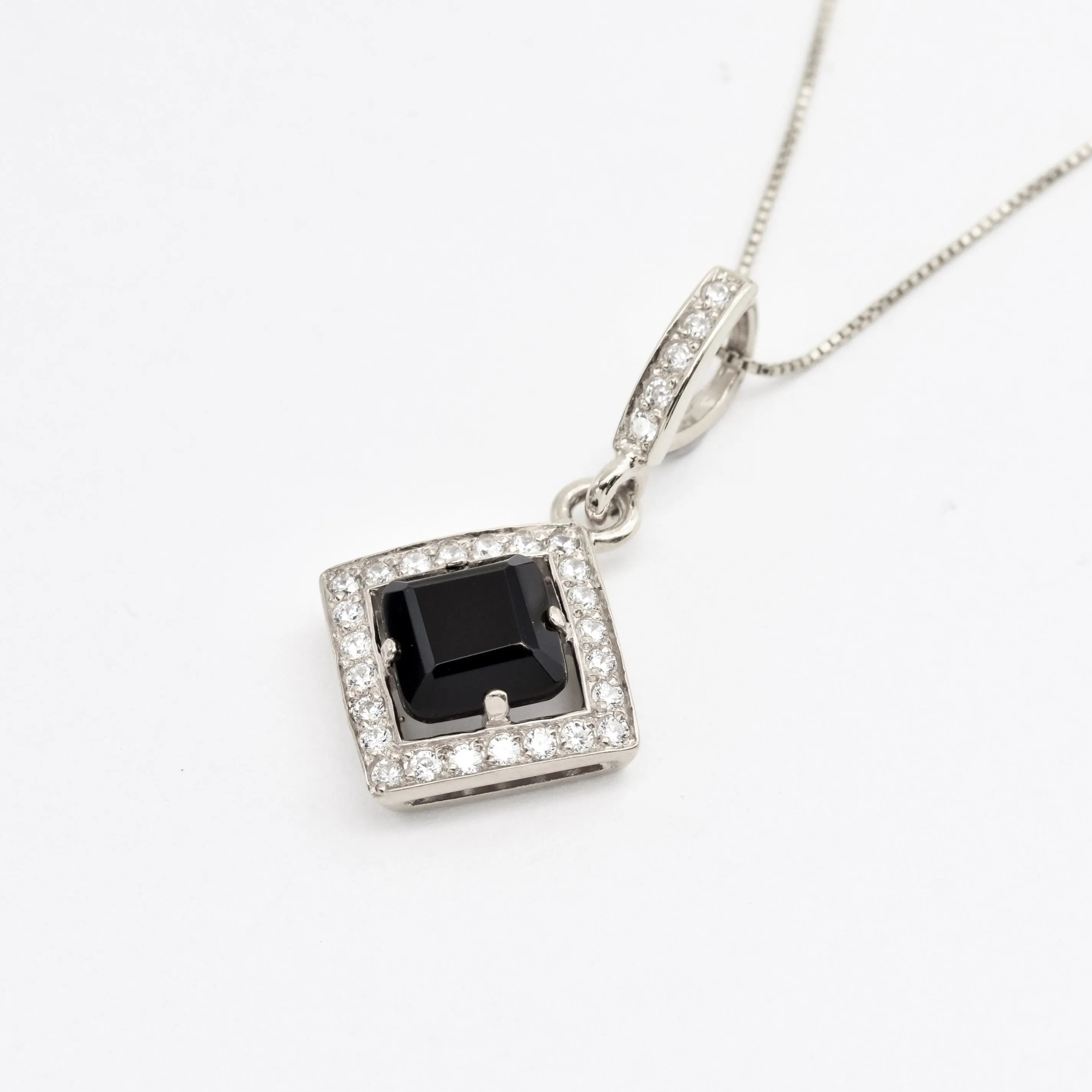 Black Onyx Necklace - Square Vintage Necklace - Real Onyx Pendant