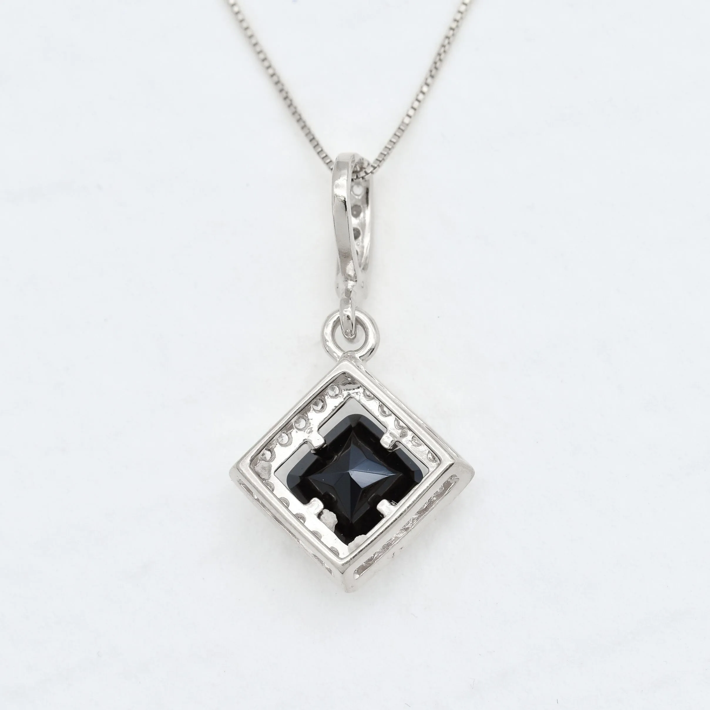 Black Onyx Necklace - Square Vintage Necklace - Real Onyx Pendant