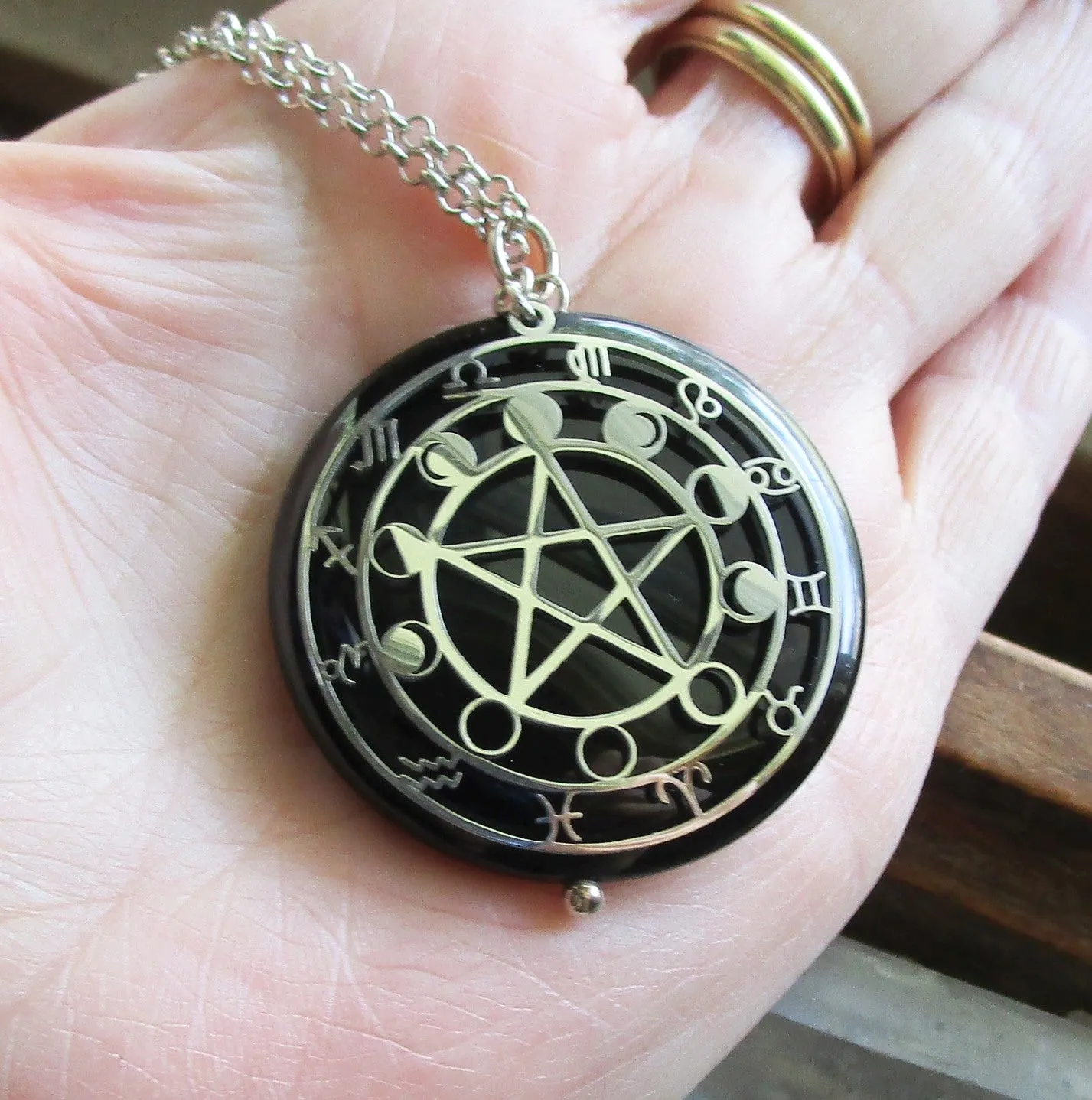 Black Onyx Scrying Glass with Silver Star Pentacle Zodiac Pendant Necklace