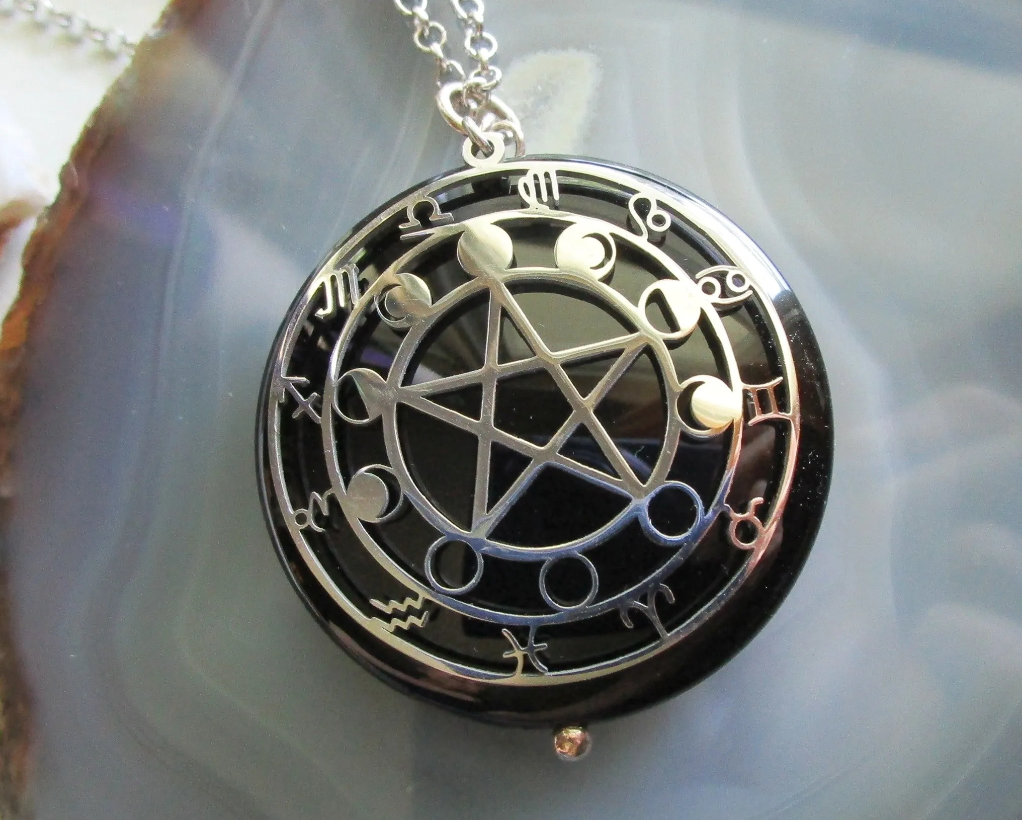 Black Onyx Scrying Glass with Silver Star Pentacle Zodiac Pendant Necklace