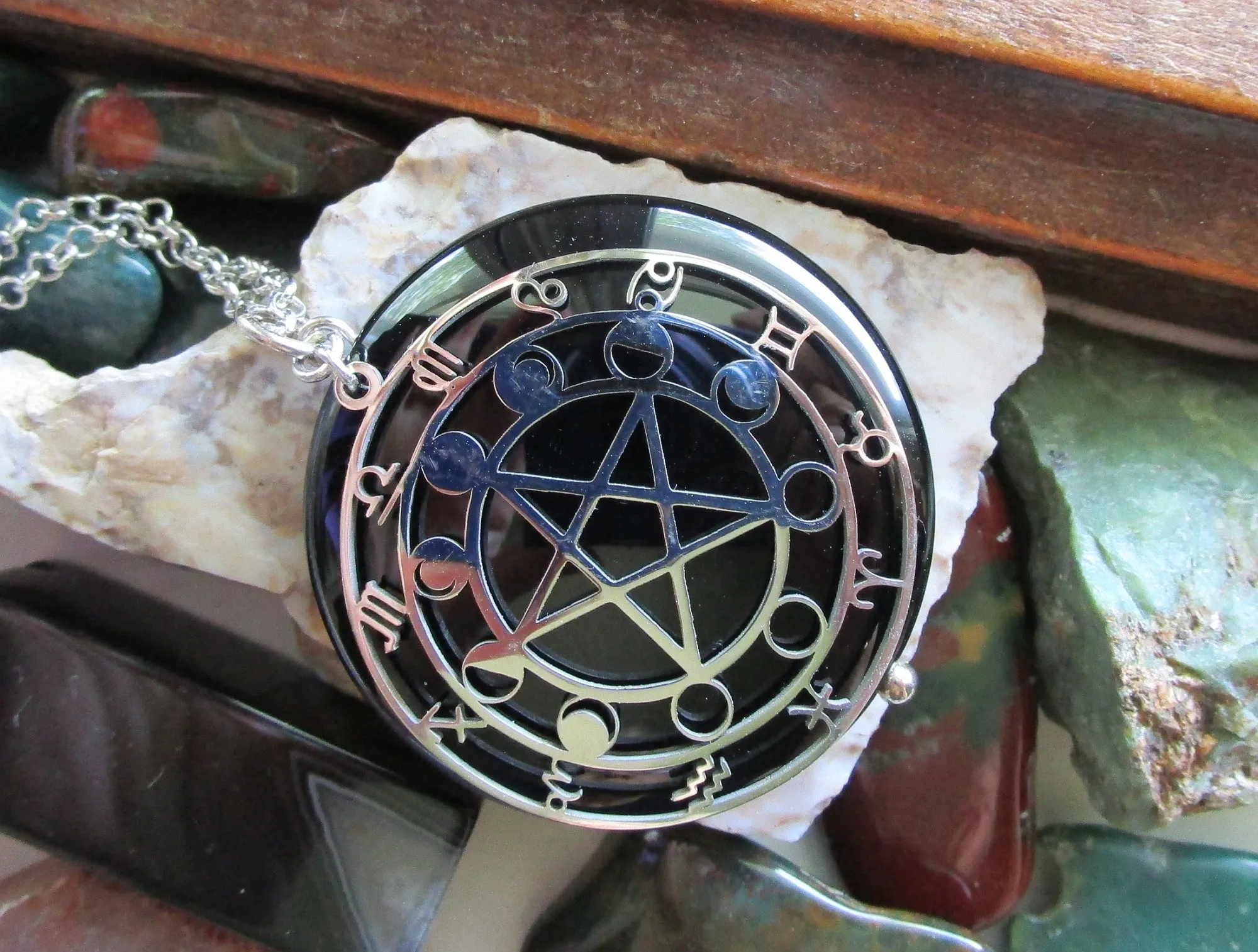 Black Onyx Scrying Glass with Silver Star Pentacle Zodiac Pendant Necklace