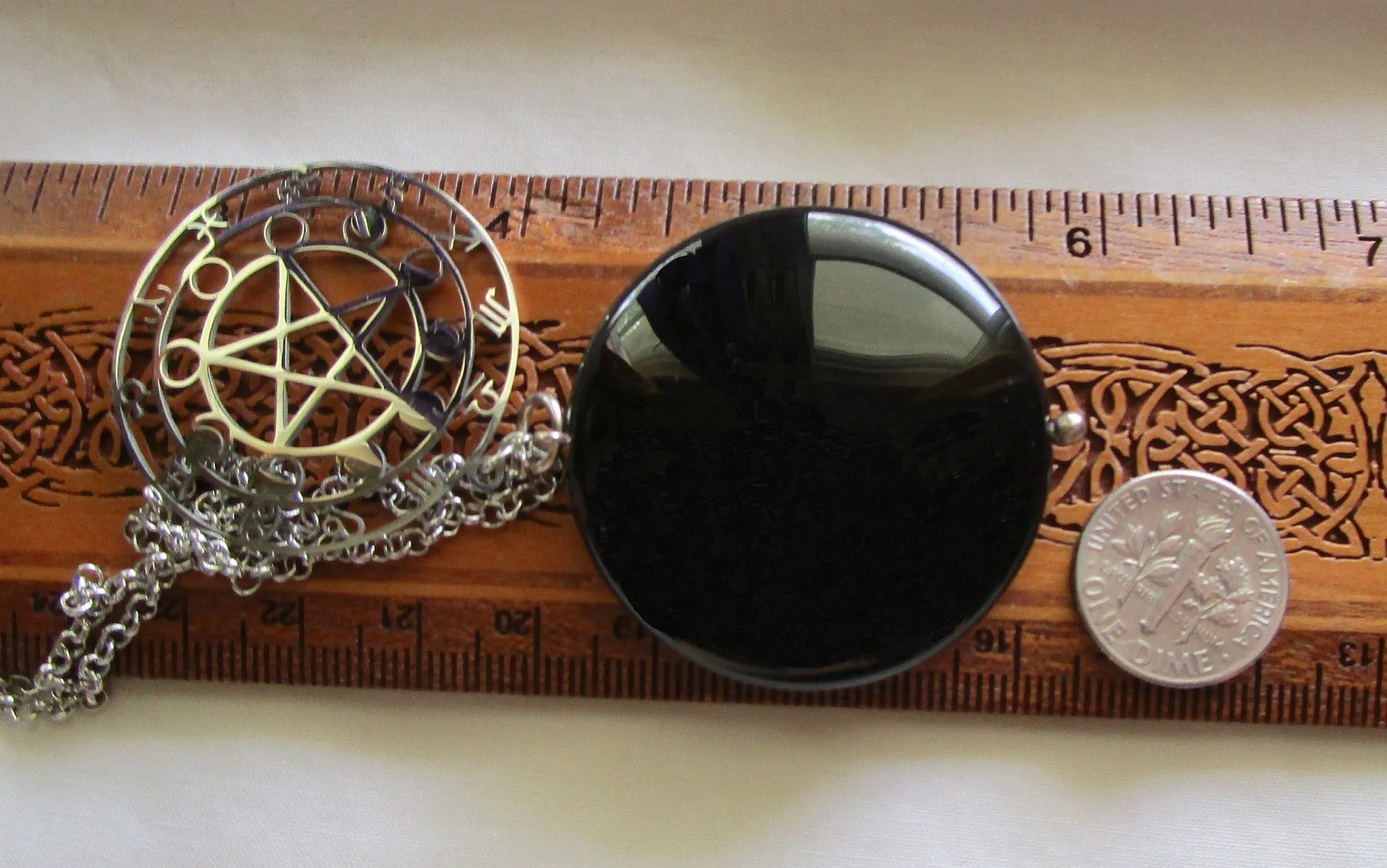 Black Onyx Scrying Glass with Silver Star Pentacle Zodiac Pendant Necklace