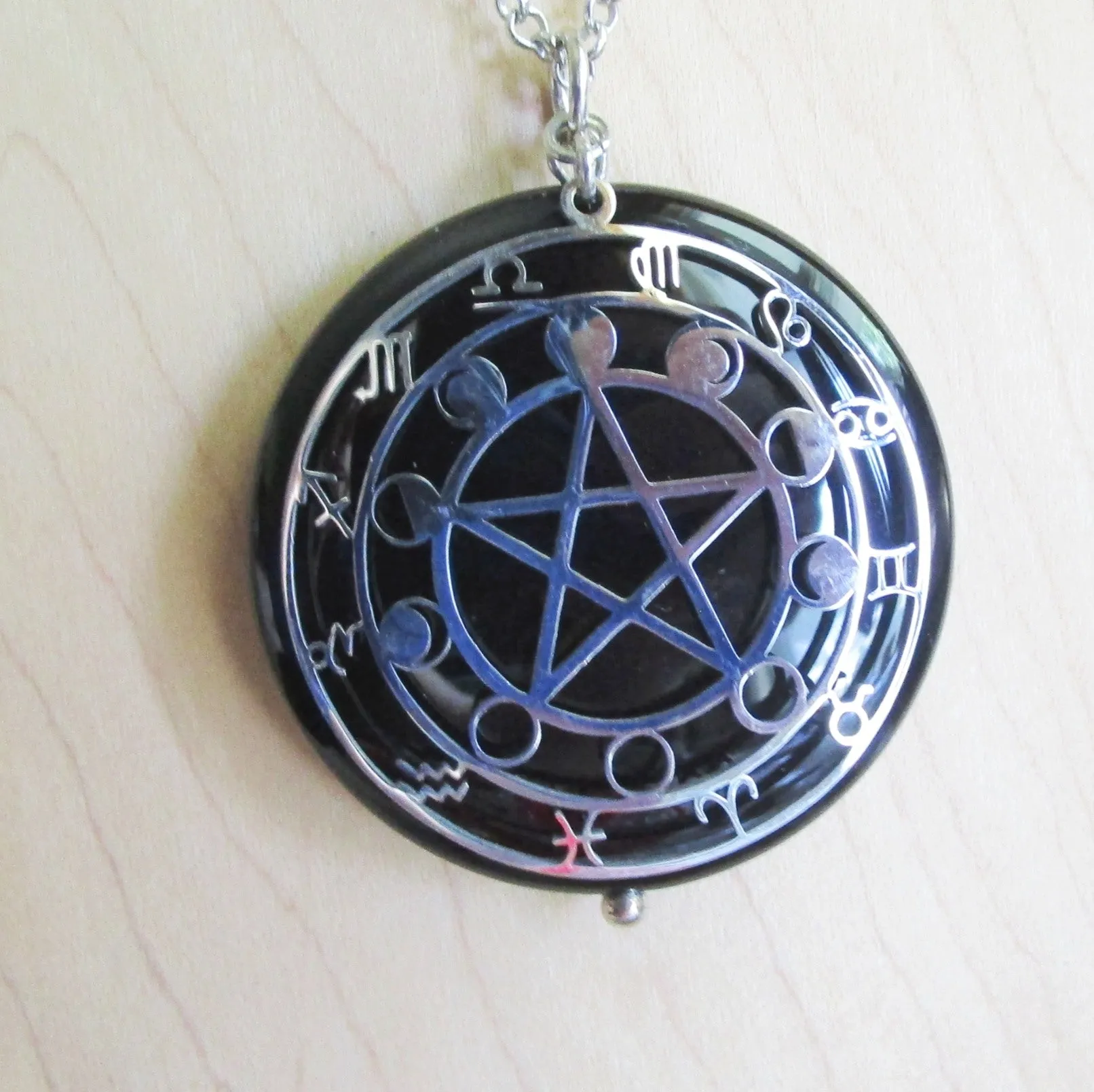 Black Onyx Scrying Glass with Silver Star Pentacle Zodiac Pendant Necklace