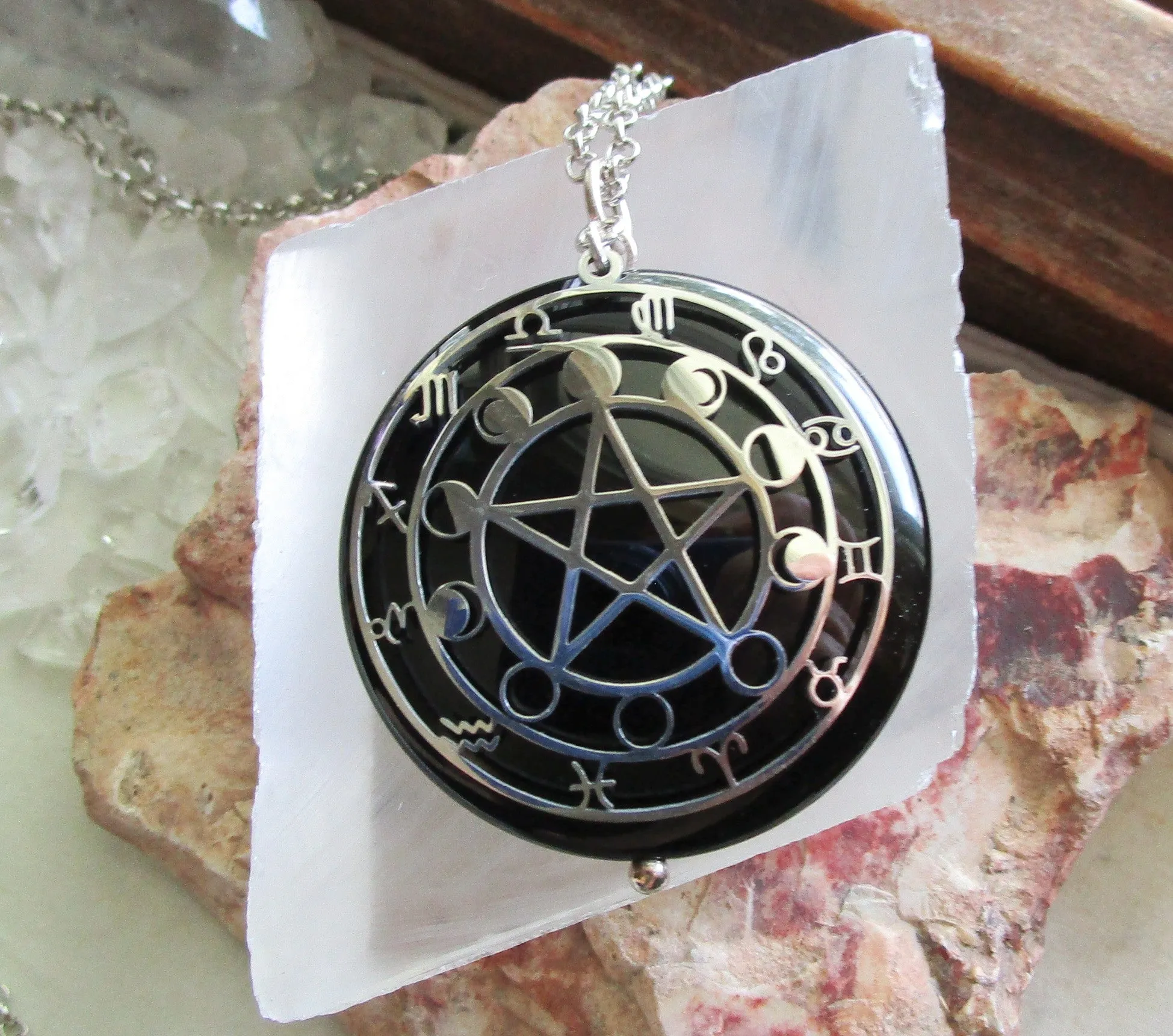 Black Onyx Scrying Glass with Silver Star Pentacle Zodiac Pendant Necklace