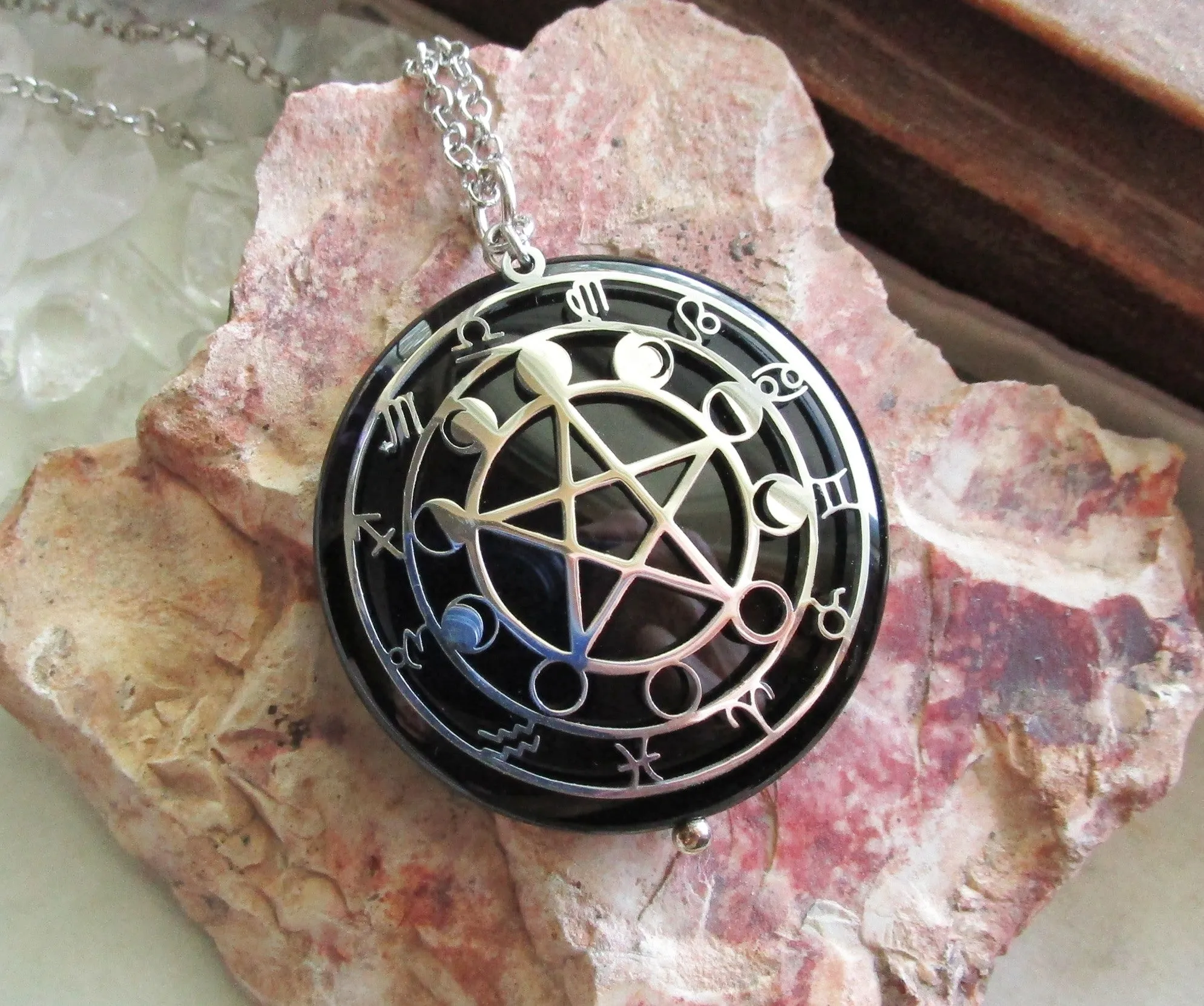 Black Onyx Scrying Glass with Silver Star Pentacle Zodiac Pendant Necklace