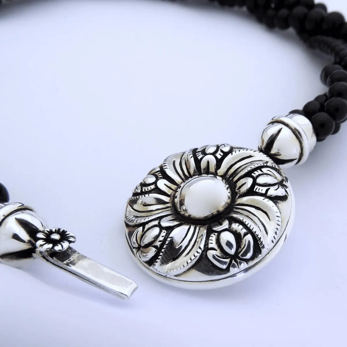 Black Onyx Strands & Sterling Silver Colonial Flower Necklace