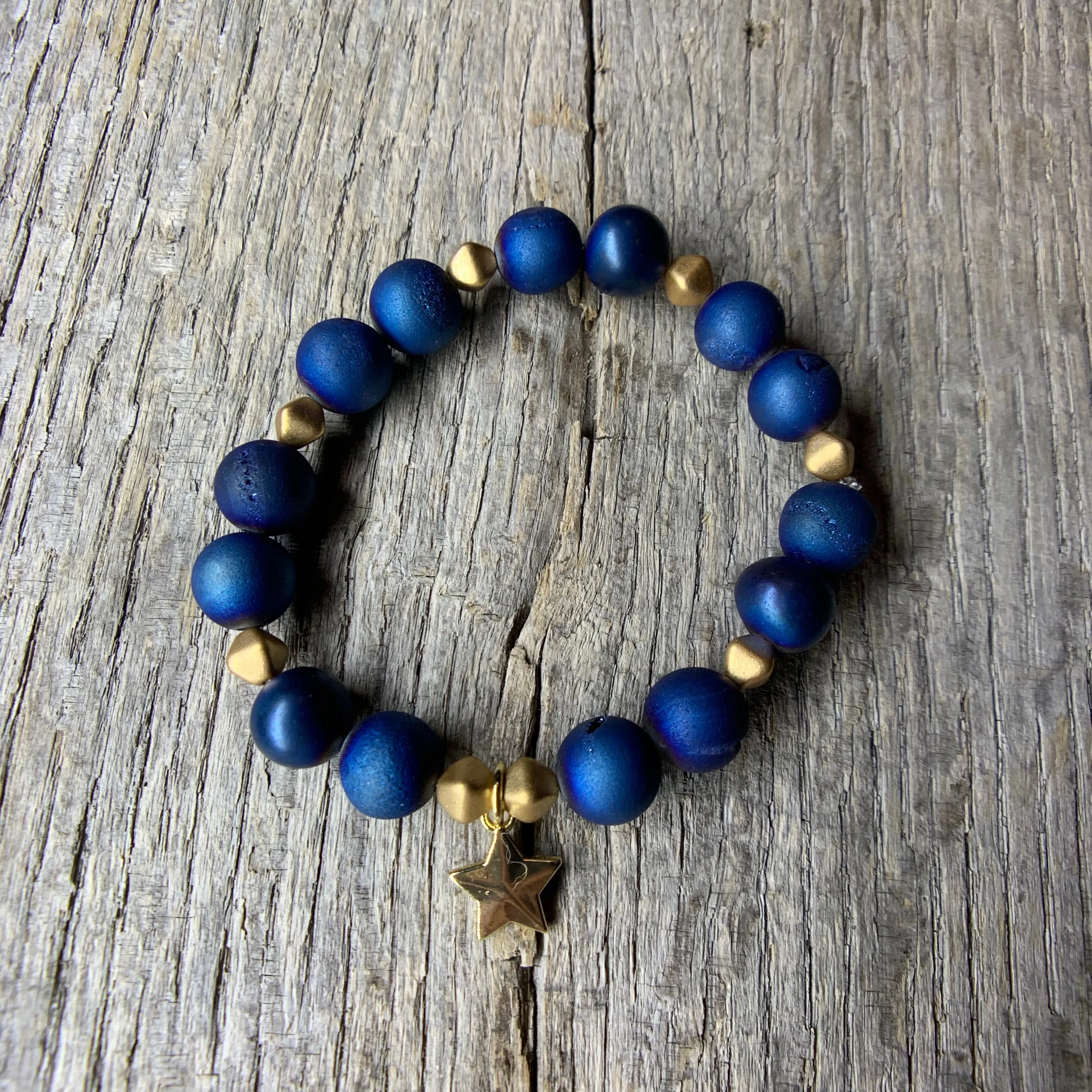 Blue & Gold Beaded Bracelet with Gold Star Charm