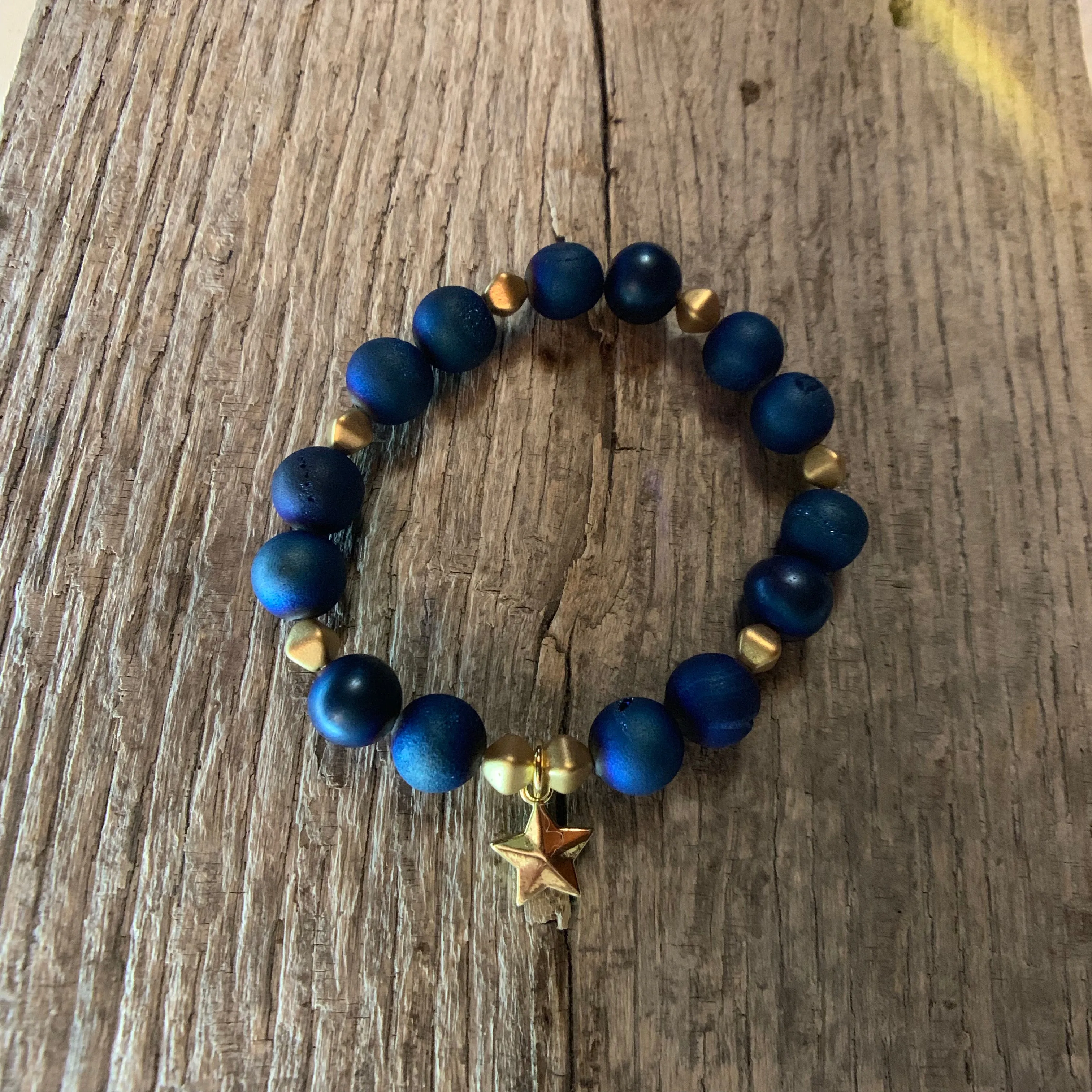 Blue & Gold Beaded Bracelet with Gold Star Charm