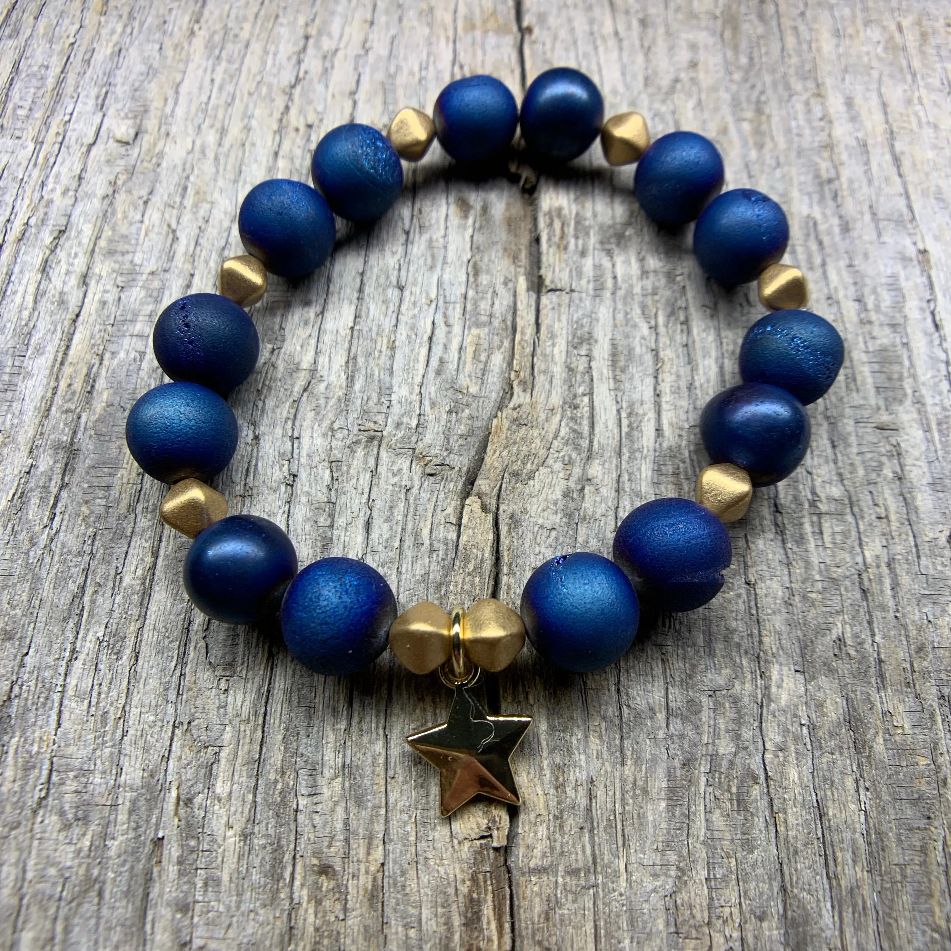 Blue & Gold Beaded Bracelet with Gold Star Charm