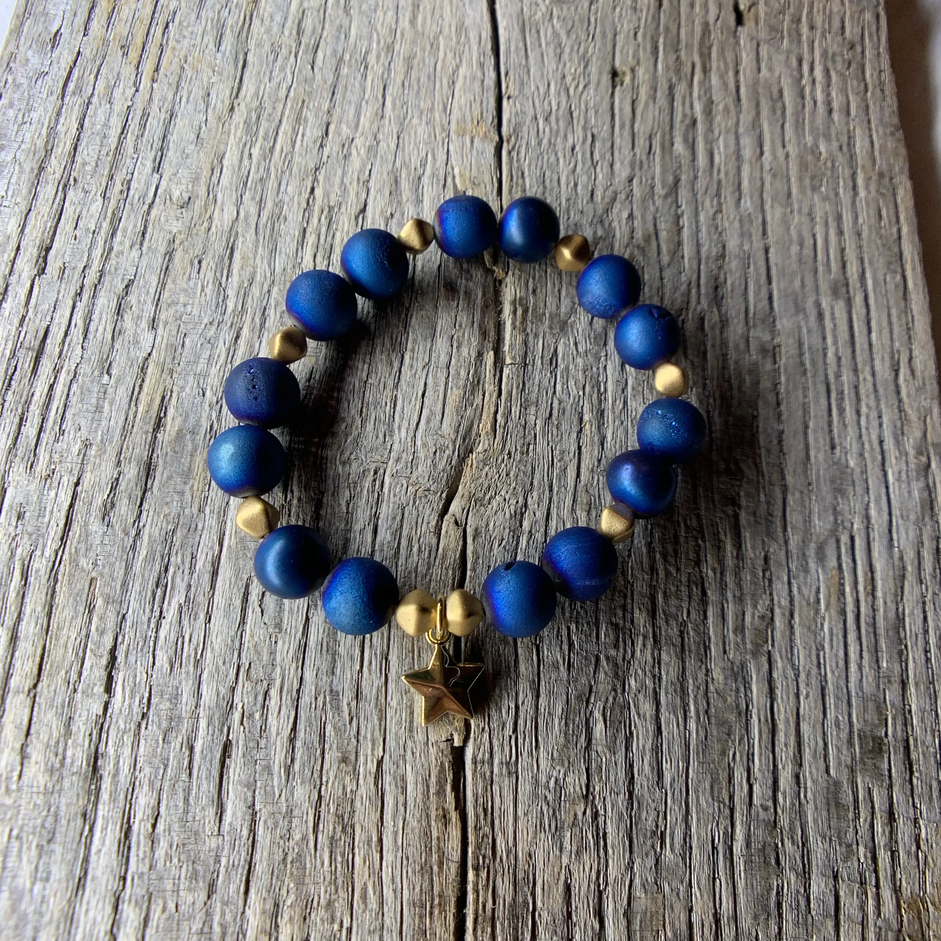 Blue & Gold Beaded Bracelet with Gold Star Charm