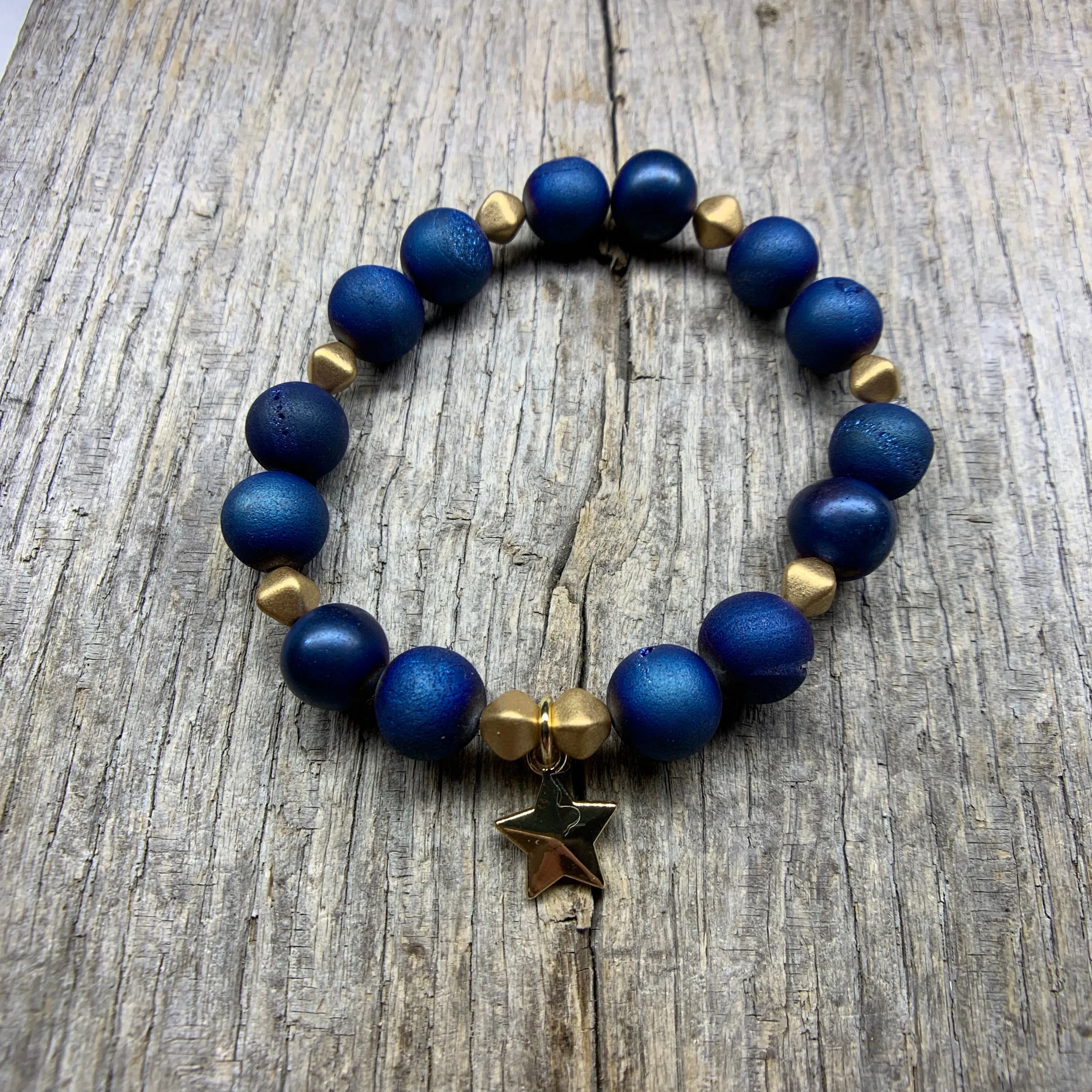 Blue & Gold Beaded Bracelet with Gold Star Charm