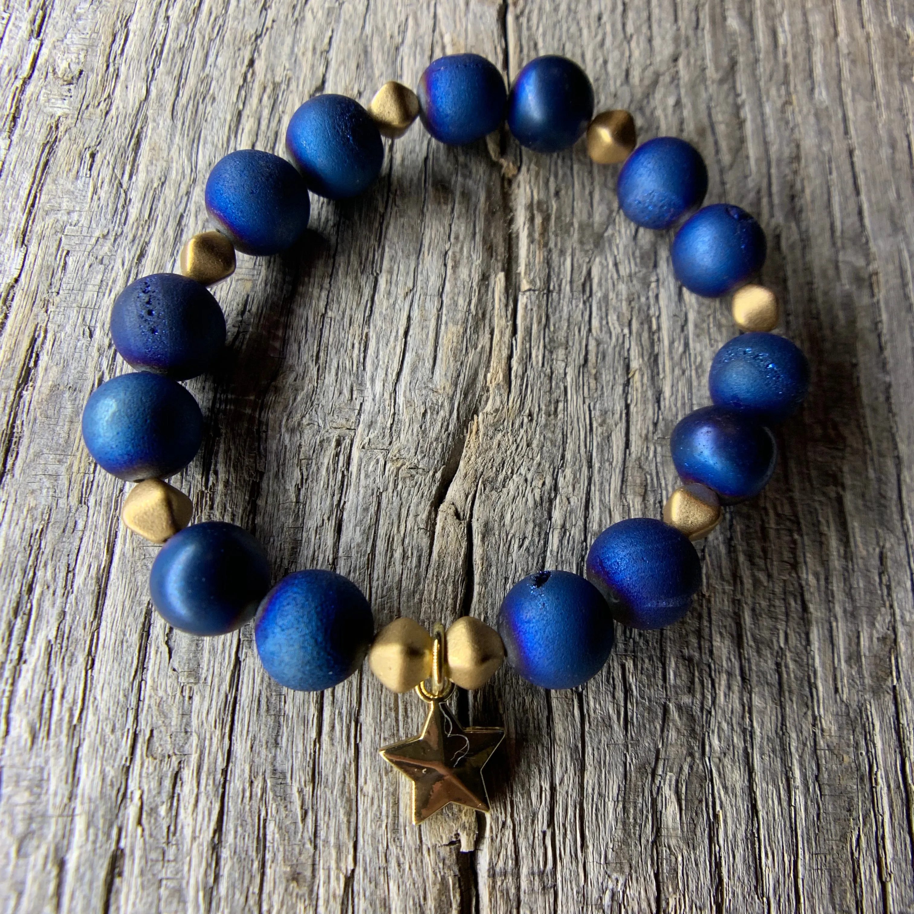 Blue & Gold Beaded Bracelet with Gold Star Charm