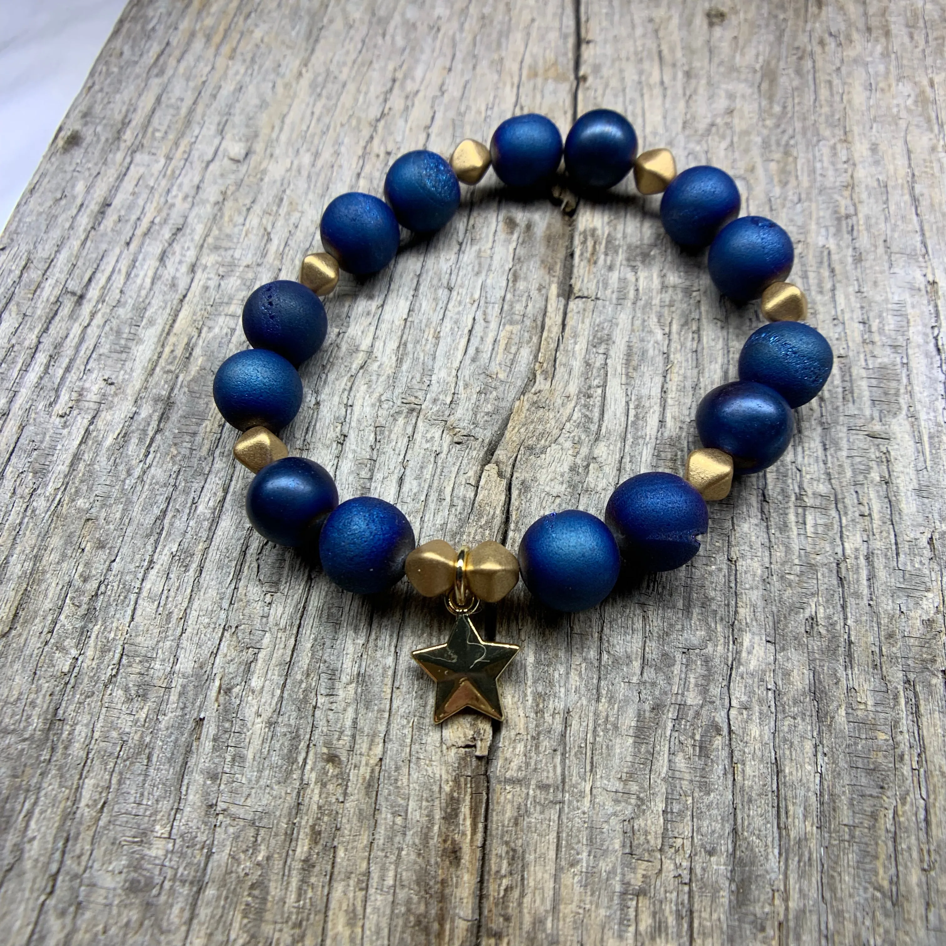 Blue & Gold Beaded Bracelet with Gold Star Charm