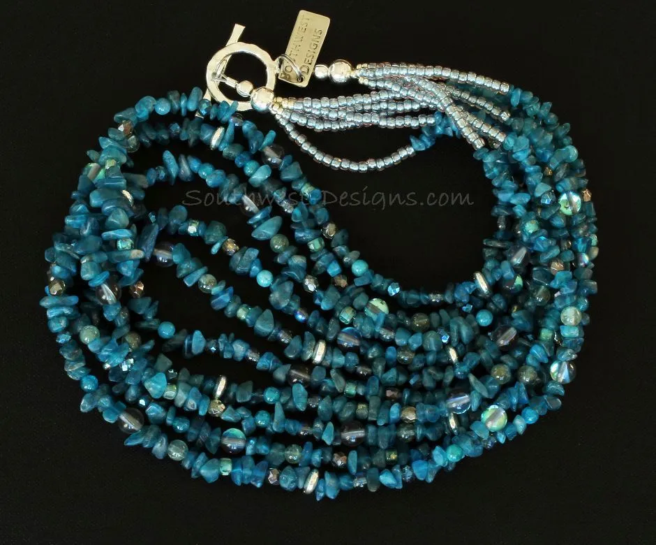 Blue Apatite Chip 5-Strand Necklace with Apatite Rounds, Tanzanite Crystal, Fire Polished Glass, Mystic Quartz Rounds, Blue-Gray Seed Beads and Sterling Silver Discs, Rounds & Toggle Clasp