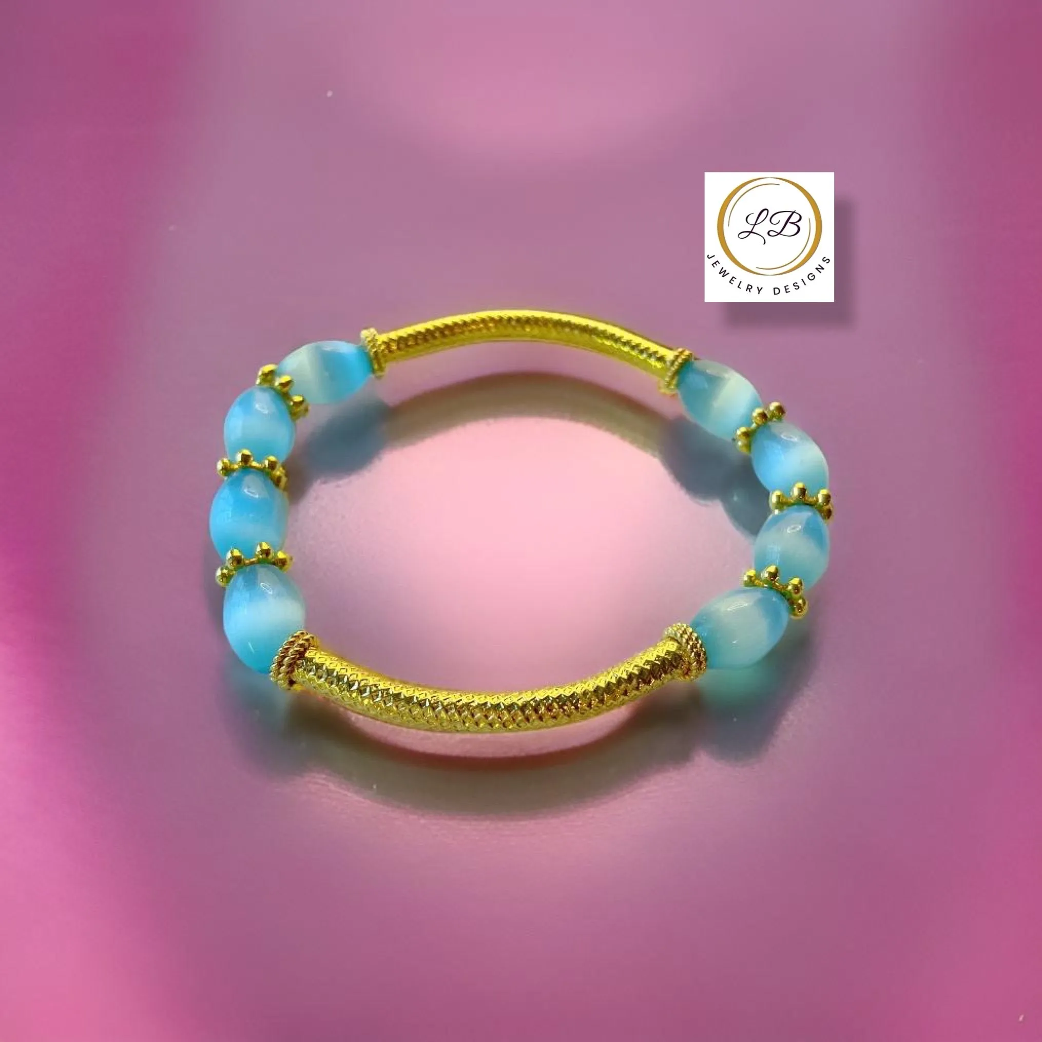 Blue Mexican Fire Opal Gemstone Gold Bali Tube Bracelet