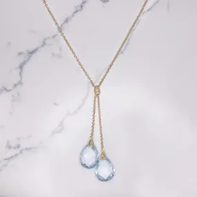 BLUE TOPAZ 14k YELLOW GOLD LARIAT NECKLACE NATURAL TEARDROP PEAR SHAPE DROP 27ct