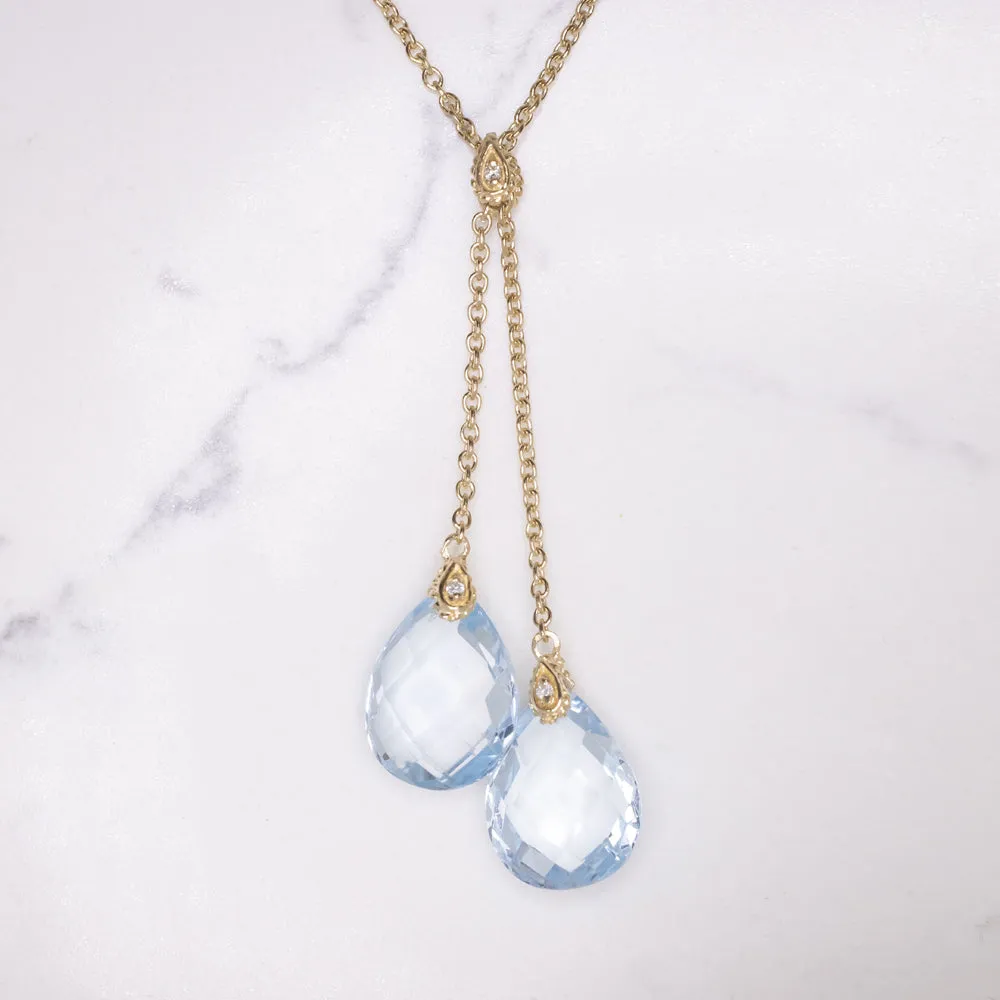 BLUE TOPAZ 14k YELLOW GOLD LARIAT NECKLACE NATURAL TEARDROP PEAR SHAPE DROP 27ct