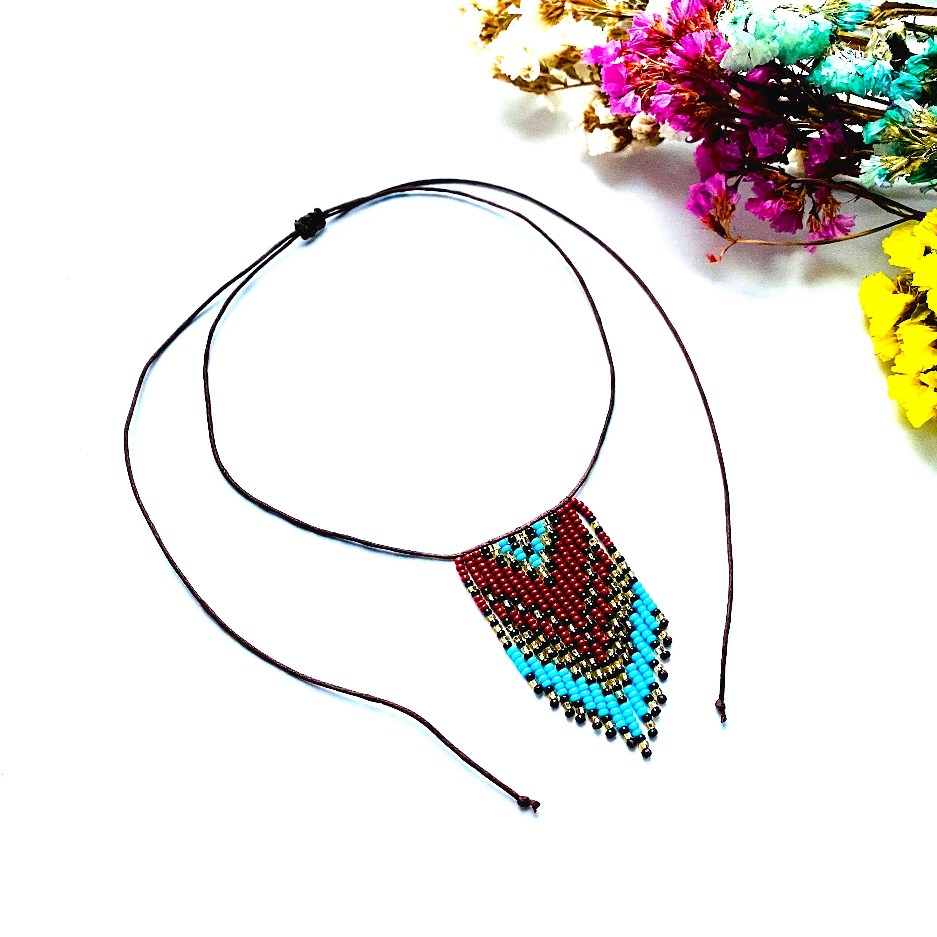 Bohemian Long Seed Beaded fringe Choker Necklace Adjustable 30", Indigenous necklace Native inspired, Boho Necklace, Hippie Necklace, Bohemian Necklace, Statement Necklace