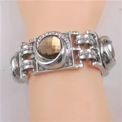 Brown Crystal, Rhinestone  & Silver Linked Cuff Bracelet