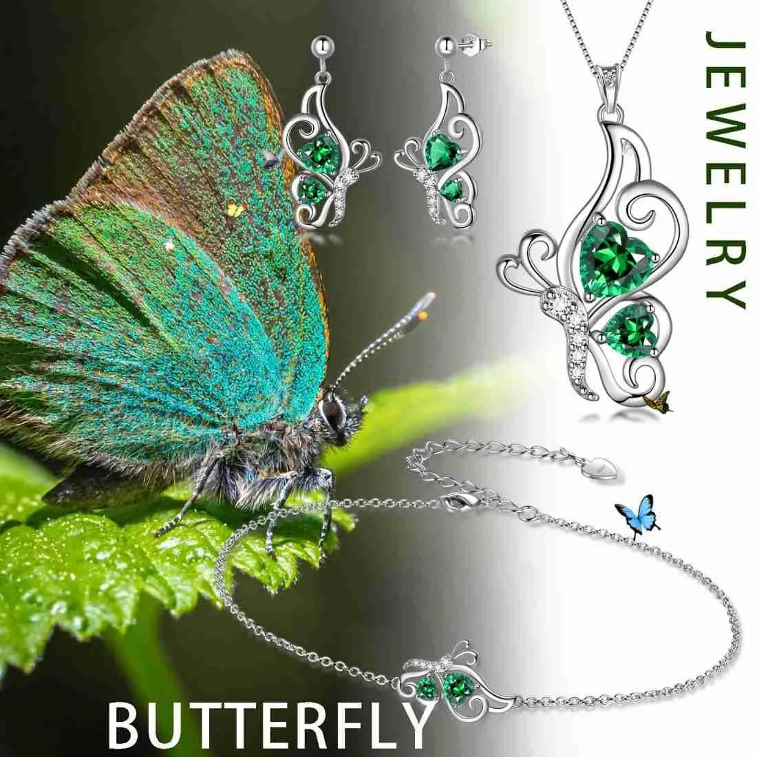 Butterfly Birthstone May Emerald Jewelry Set 4PCS Women Girls Birthday Gift