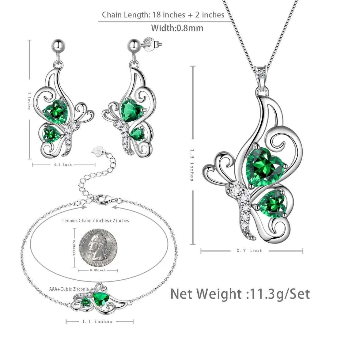 Butterfly Birthstone May Emerald Jewelry Set 4PCS Women Girls Birthday Gift